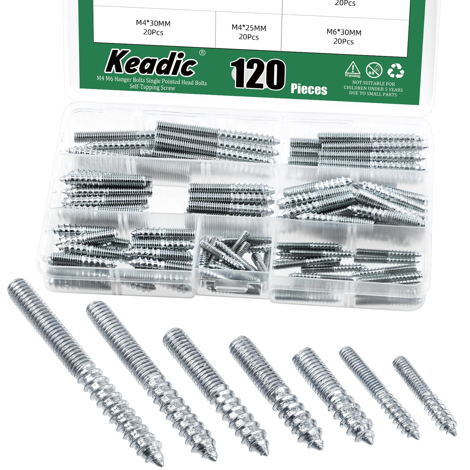 Keadic 120Pcs Silver Hanger Bolts, M4 M6, Zinc Plated, Single Headed, Self-Tapping Screw, Wood Dowel Screw for Furniture
