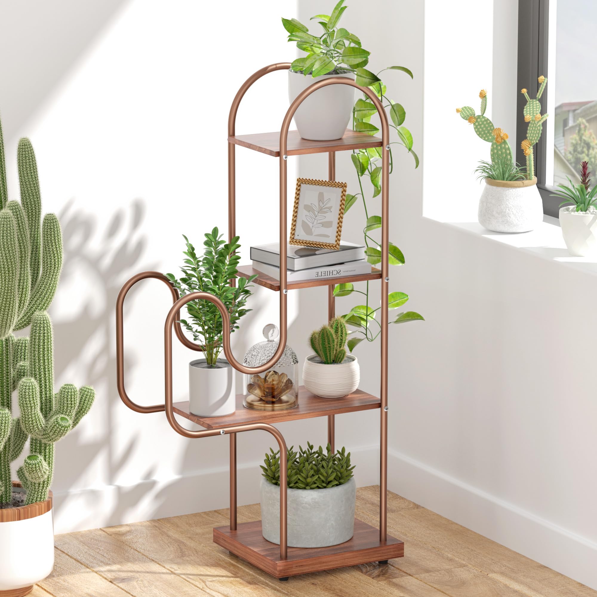 Allinside Cactus Plant Stand Indoor, Metal Corner Shelf for Multipurpose Plants Outdoor, Rustic Bookcase 4 Tier Creative Flowers Stand Rack for Bedroom, Sturdy Room Balcony and Living Room Decor