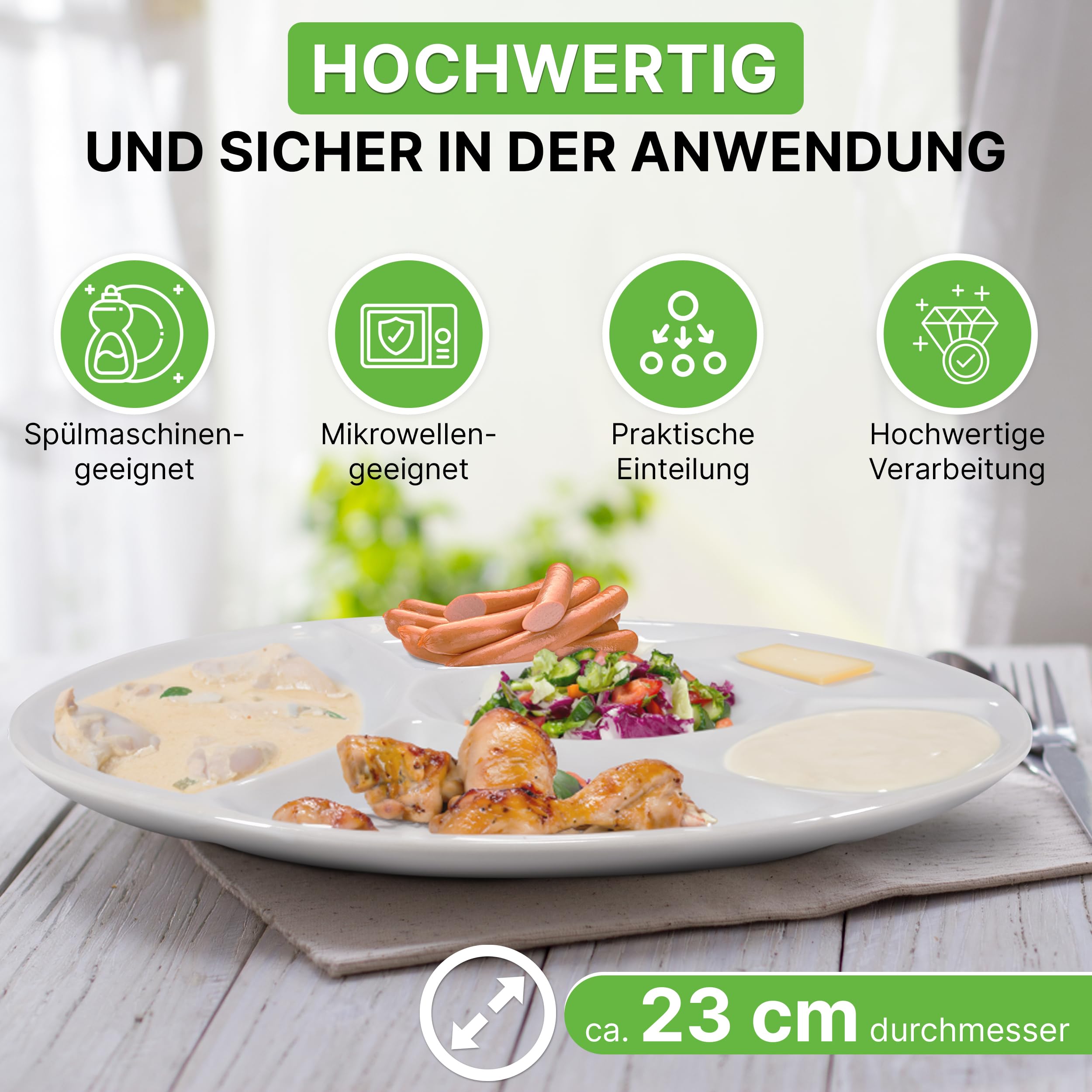 Oramics Fondueteller Porzellan Fondue Teller mit Unterteilung 23 cm rund weiß - Racletteteller Grillteller Snackteller mit Fächern - BBQ Raclette Menüteller Servierteller mit 6 Einteilungen (8er Set)