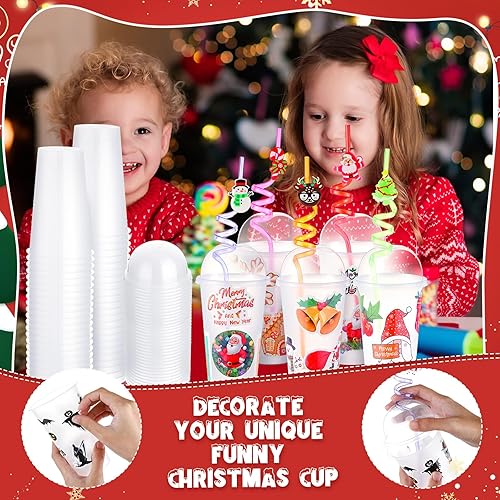 Miniatura 5 de 199 piezas de recuerdos de fiesta de Navidad, incluye 25 vasos de plástico de 16.9 onzas con tapas de cúpula, 24 popotes de Navidad, 150 calcomanías