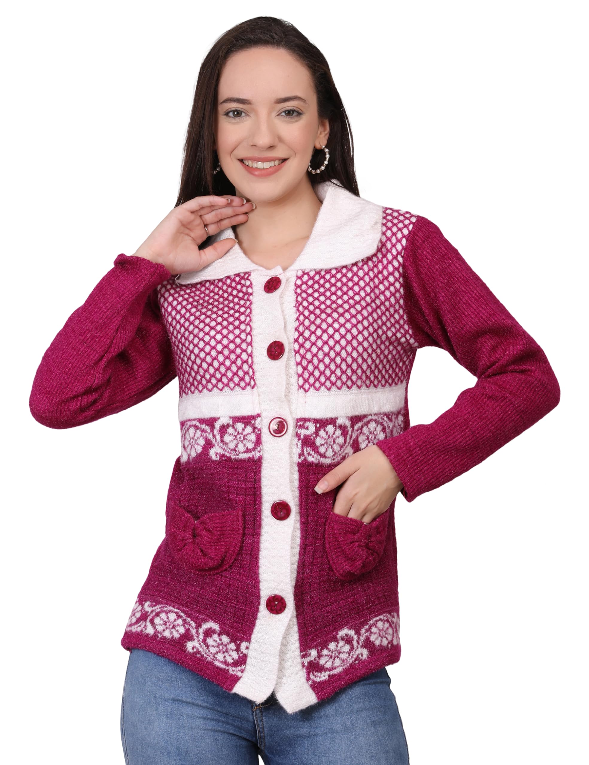 manra Women White Collared Neck Casual Wear Stylish Cardigan Sweaters with Front Pockets for Winter Wear (Purple-M)-picture-20
