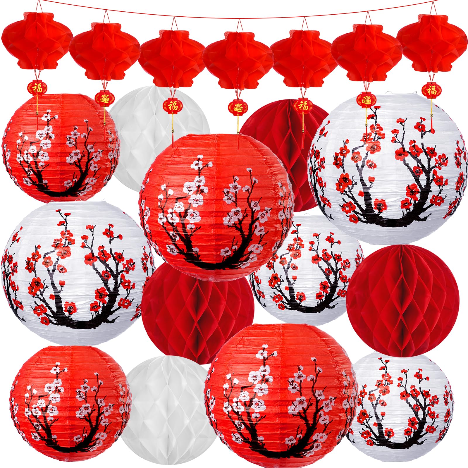 33 Pcs Chinese Japanese Paper Lantern New Year Decorations, Lunar New Year Lanterns Decoration Set, Red White Cherry Blossom Decorative Hanging Paper Lanterns for Chinese Spring Festival Year of Snake