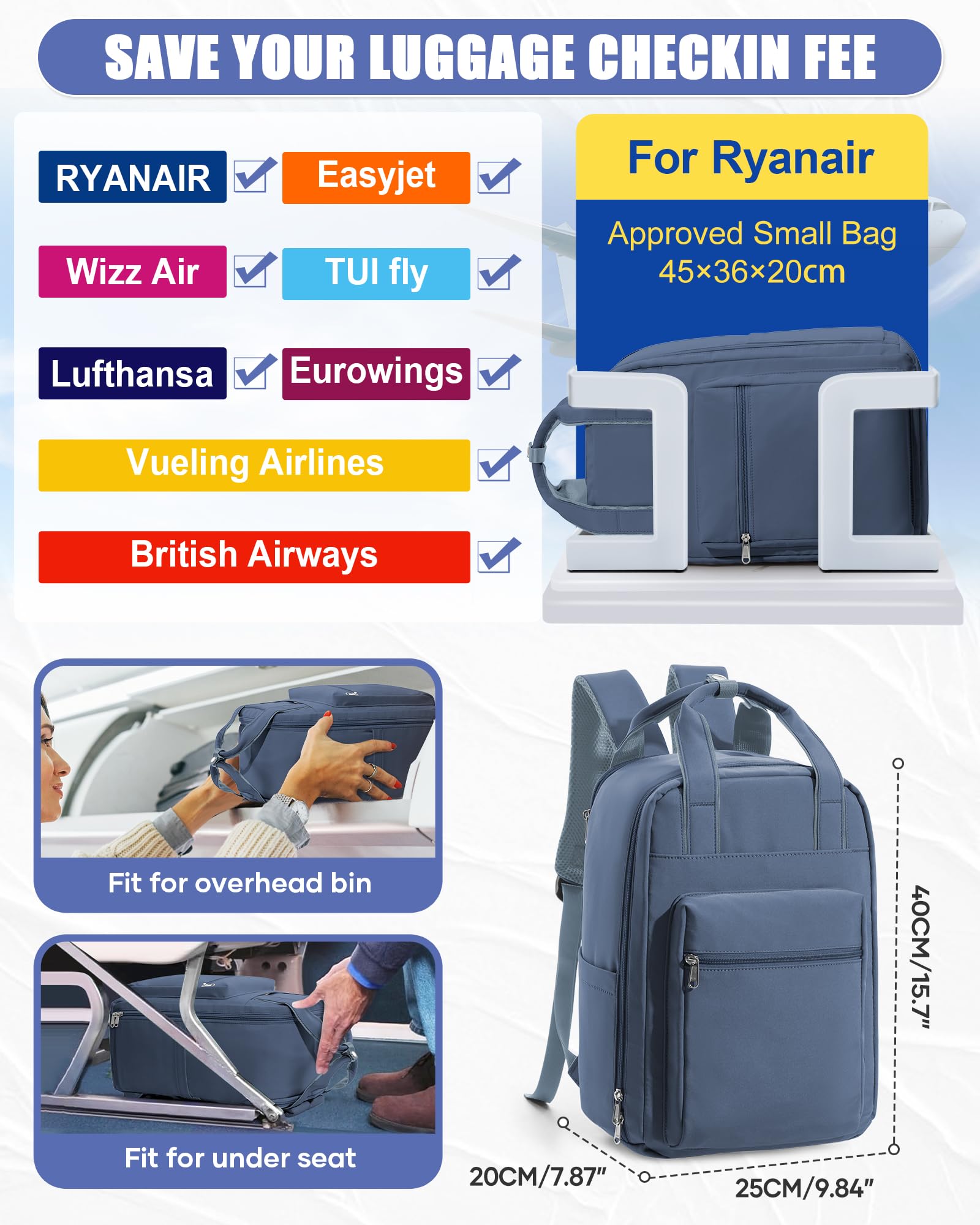 BJLFS Sac à dos sous vide avec pompe Ryanair Wizzair 40x30x20 Femme Sac Cabine Avion 40x30x20 sous vide Bagage Cabine 45x36x20 Easyjet Bagage à Main Sac pour Ordinateur Portable 14 Pouces