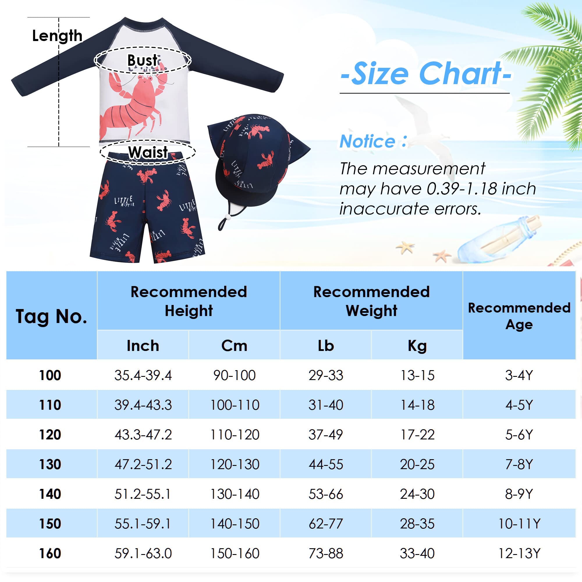 SEAUR Bambino Manica Lunga Anti-UV 3 Pezzi Stampato Coulisse Berretto da Bagno e Pantaloncini da Bagno