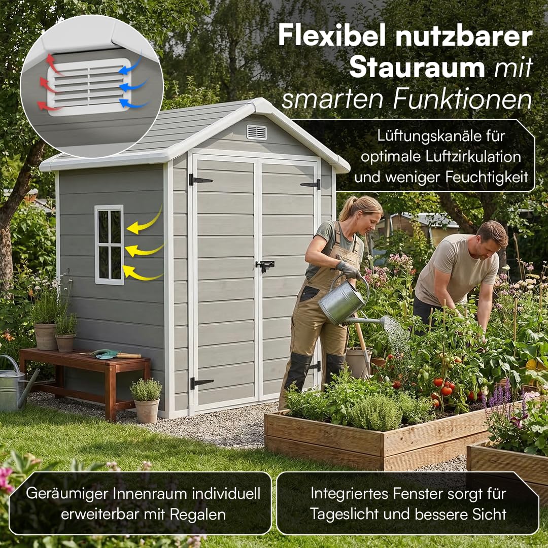 STEELSØN Novara Gerätehaus – Gartenschuppen mit Satteldach & Fenster – Gartenhaus 210x134x182 cm (HxTxB) – Geräteschuppen aus Kunststoff in Grau – Gartenhütte wetterfest & rostfrei – Schuppen