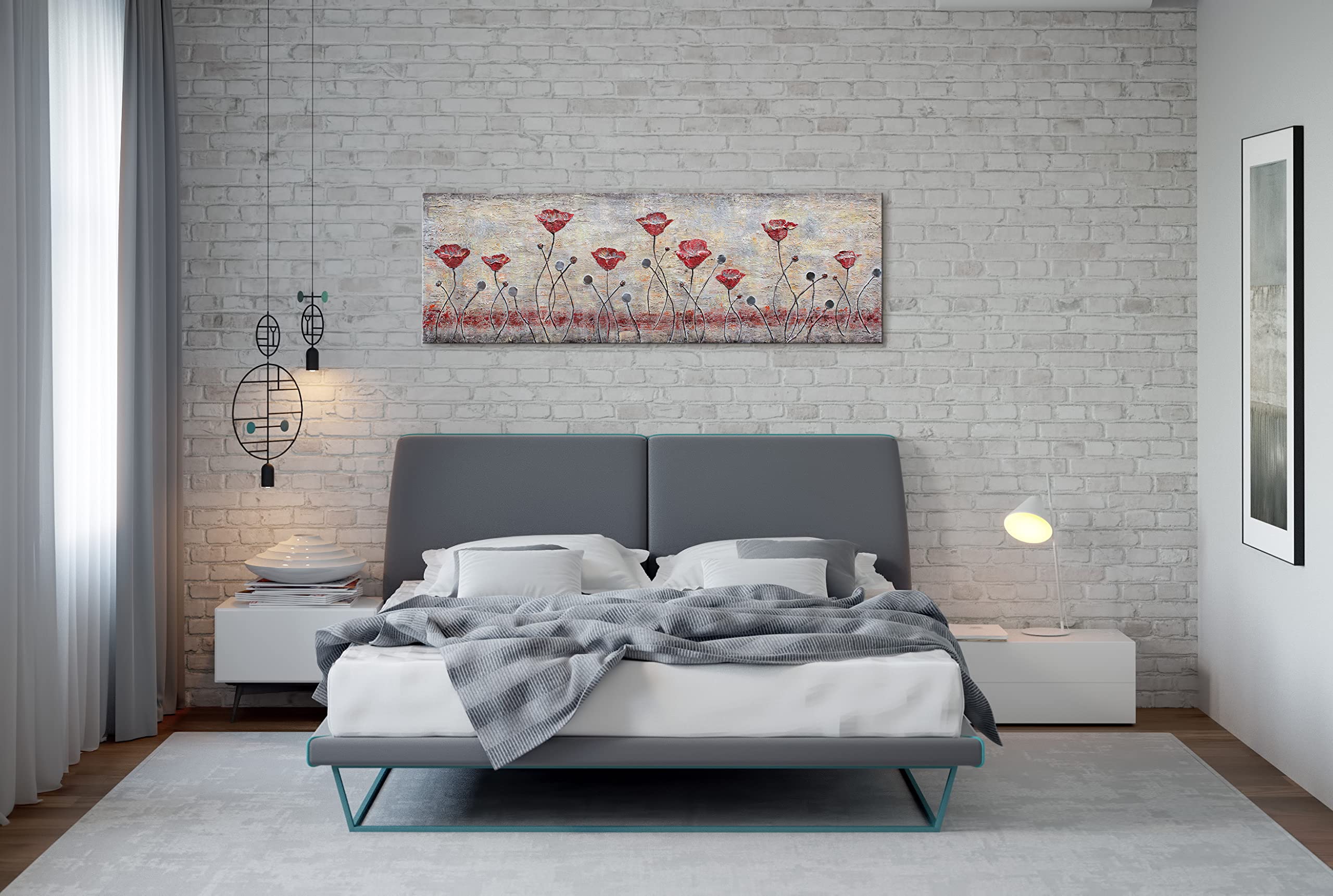 YS - Art Pittura astratta acrilica su tela papavero dipinta a mano quadri da parete soggiorno moderno decorazione per la casa design immagine marrone rosso grigio orizzontale vera arte 150 x 50 cm