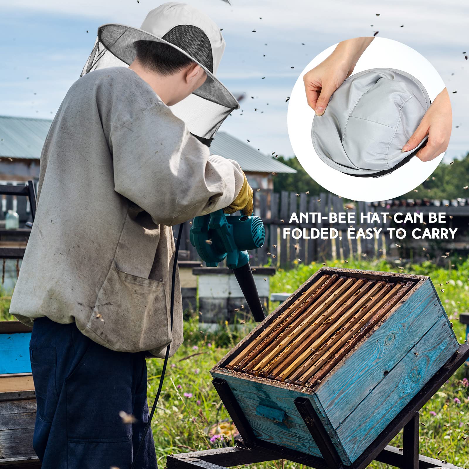 Il set di guanti da apicoltura include guanti spessi in pelle di capra con maniche ventilate e velo da recinzione per apicoltura, cappelli da zanzare, cappello a rete con maschera a rete nascosta