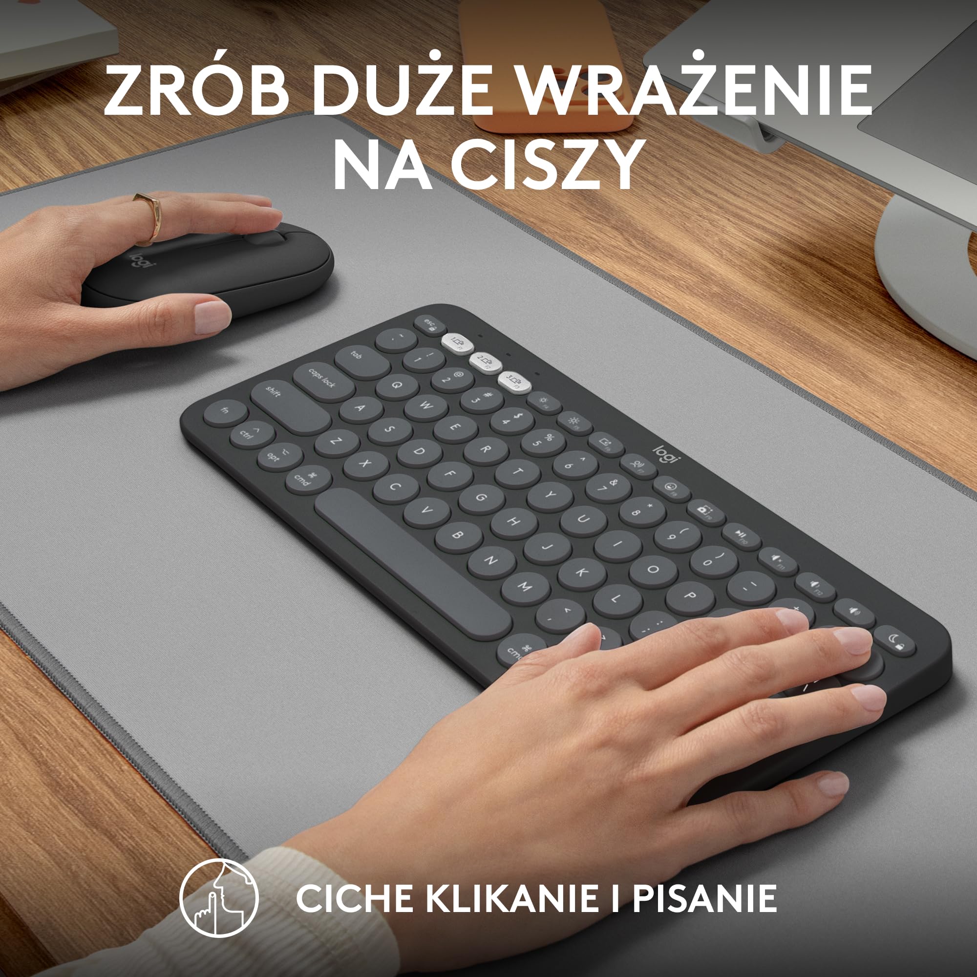 Logitech Pebble 2 Combo for Mac, bezprzewodowa klawiatura/mysz, smukła, cicha i przenośna, personalizowana, mysz/klawiatura Bluetooth, Easy-Switch,dla macOS,iPadOS,QWERTY układ US international,Grafit