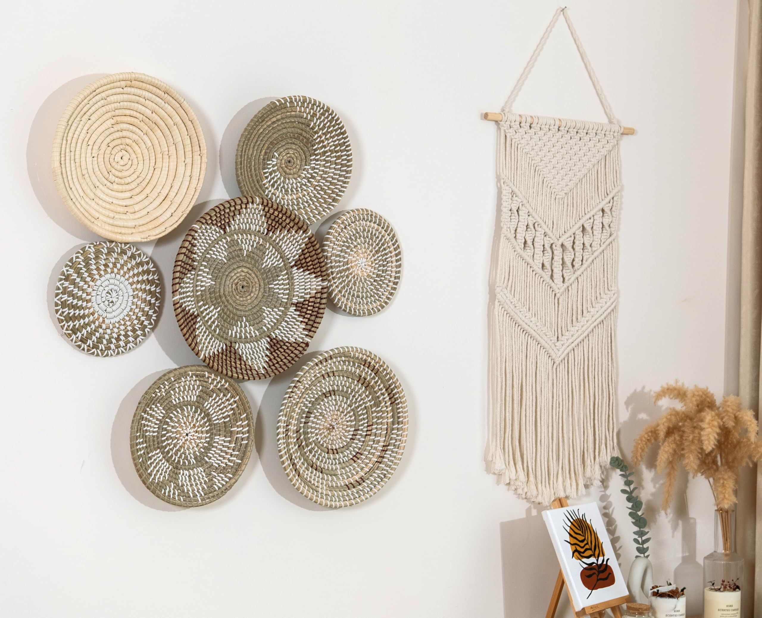 SeaVibe BOHO – Set of 7 Handwoven Seagrass Wall Baskets | Coastal Boho Wall Decor | Beachy Accent Hanging Baskets | Natural Woven Wall Art | Neutral