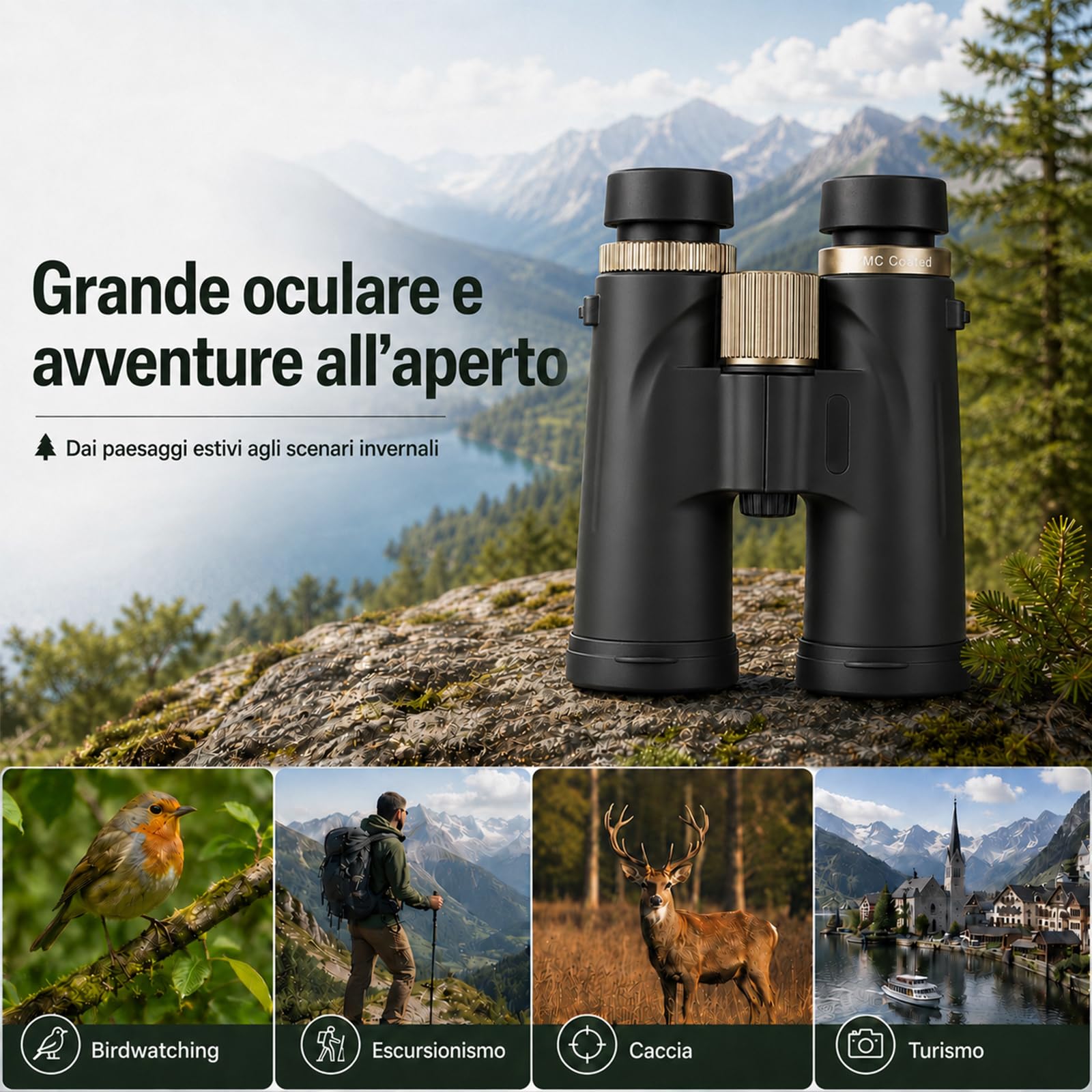 Binocolo 12 x 42 HD, binocolo compatto, Big View, BAK4 HD Prisma + obiettivo FMC, per adulti, per birdwatching, escursionismo, caccia, visite turistiche (nero)
