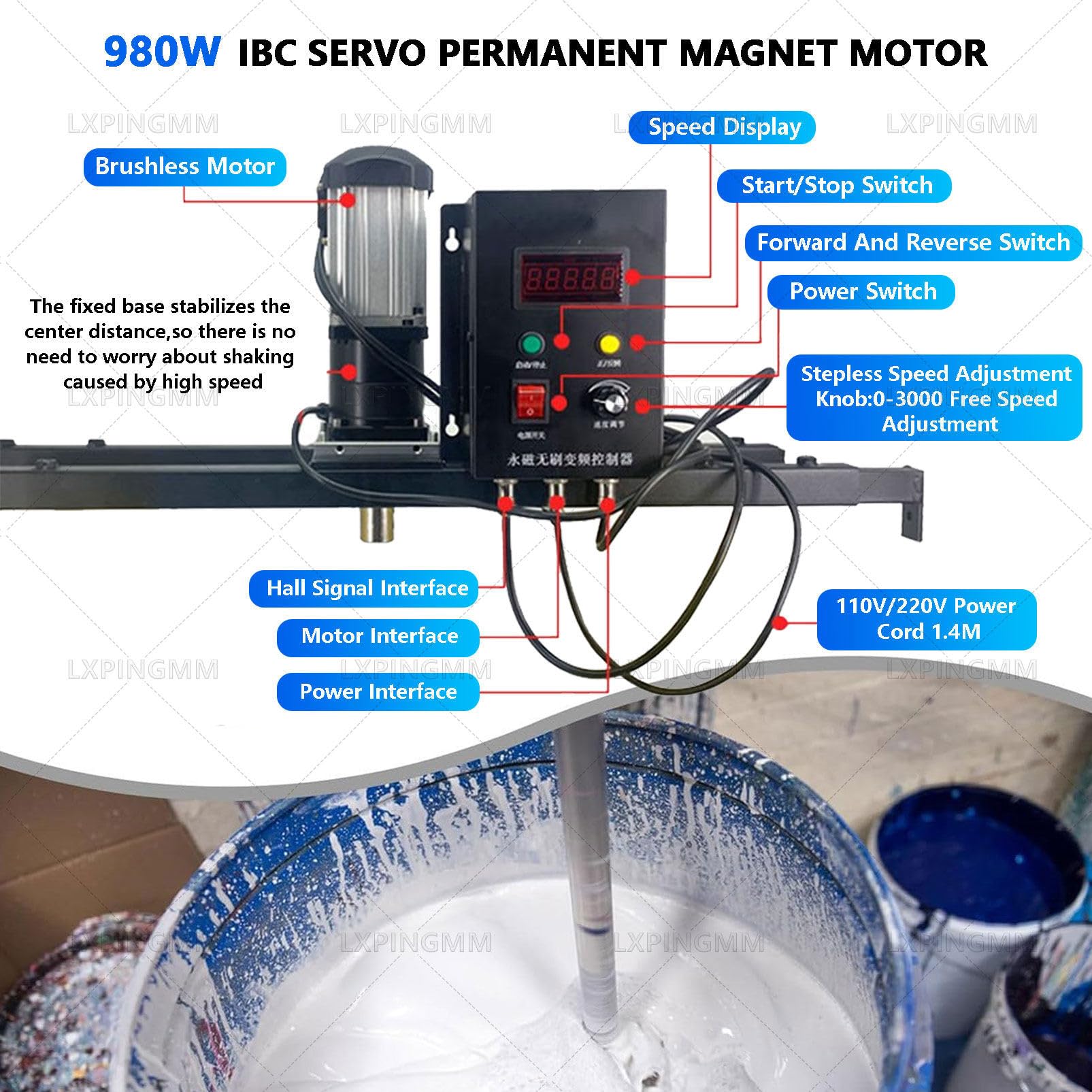 Mezclador de mano eléctrico IBC de 980 W, agitador de tanque de 1000 L, máquina agitadora de pintura comercial con soporte ajustable, velocidad de 0-3000 RPM y protección contra sobrecarga