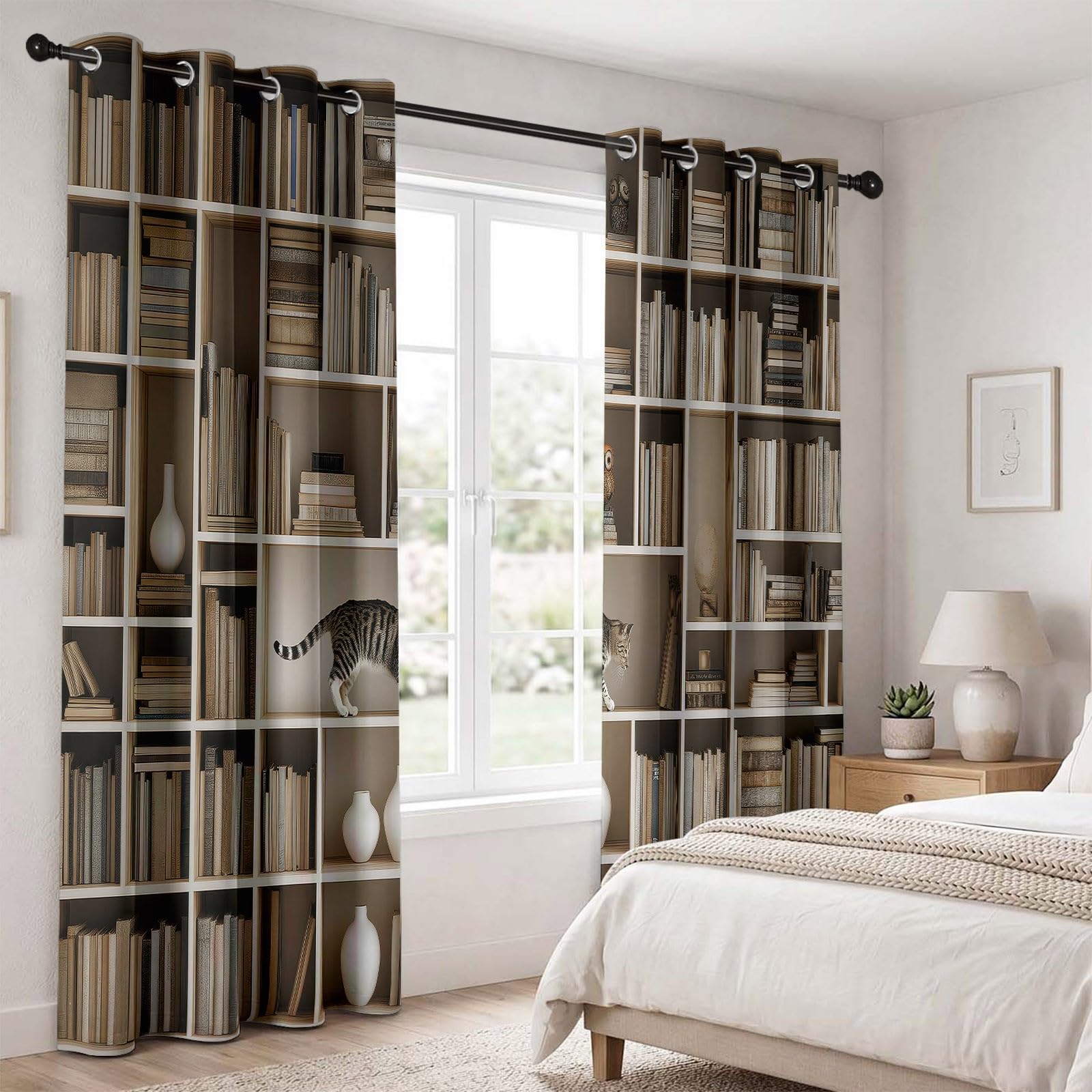Klassisch Gardinen Schlaufenschal 2er Set - Bücherregal Katze Bücher Küchen Vorhänge, H260×B140 cm Blickdichte Gardinen, Weiß Schwarz Verdunklungsvorhänge Kinderzimmer Thermovorhang Gegen Kälte