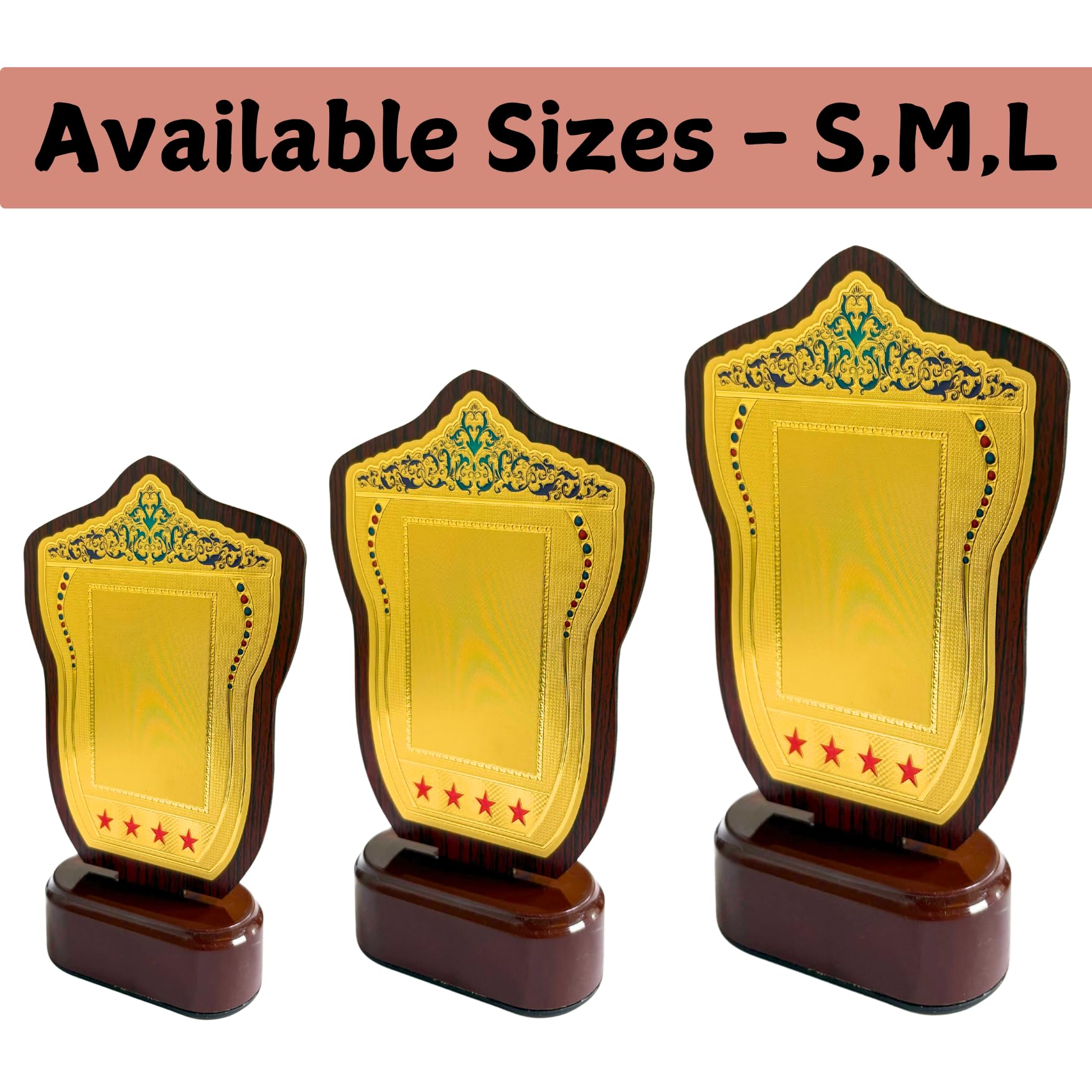 Engraved Design Shinning Wooden Trophy Shield Plaque with Gold Plate and Stars, Traditional Design, Logo Printing, Writings & Customisation Available (Set of 5 Trophies, Small (6 inches)) 2