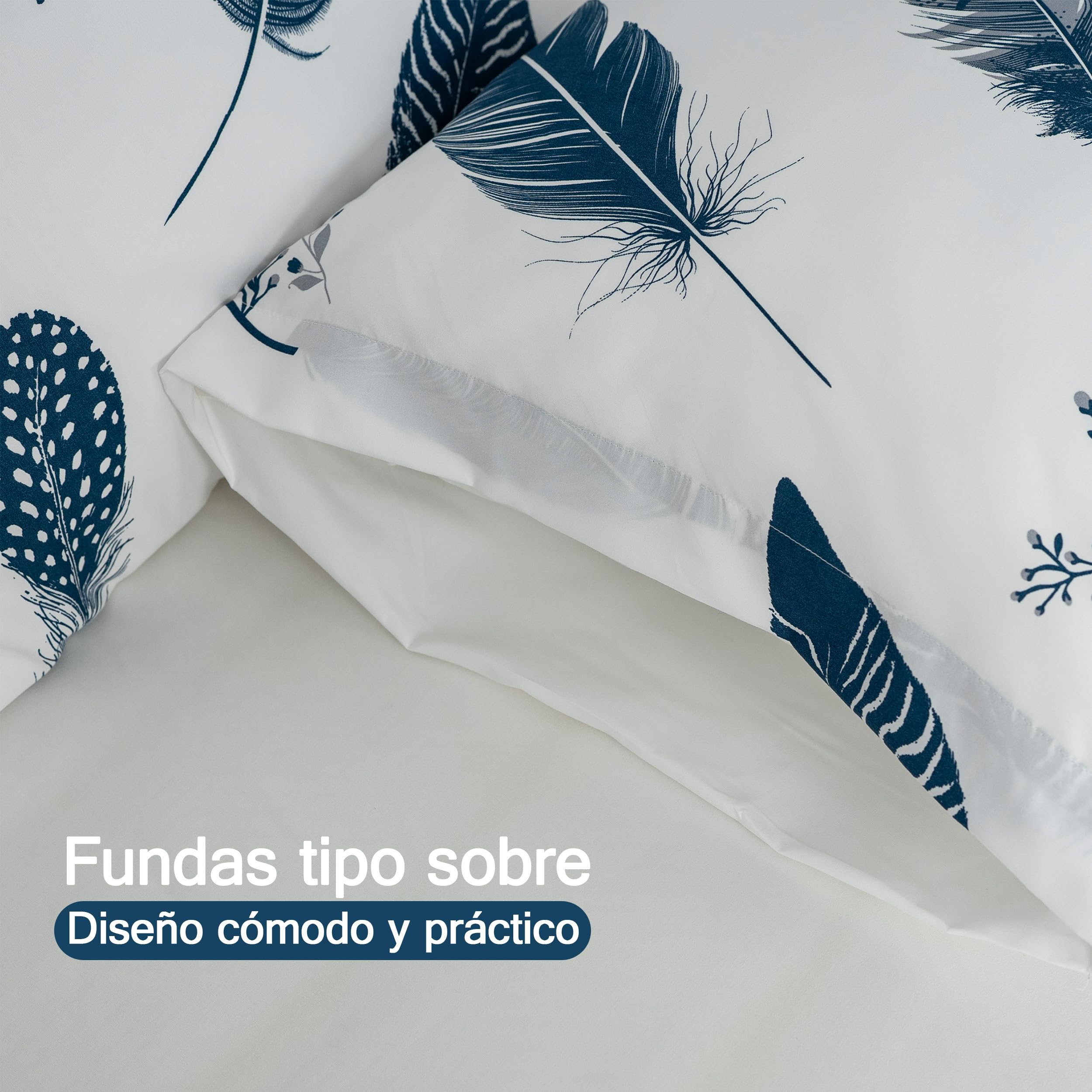 Etrexonline Juego de Funda Nórdica 4 Piezas Cama 150 Microfibra Suave Transpirable - 1 Funda Edredón 220x240 cm, 1 Bajera 150x200+30 cm y 2 Fundas de Almohada 50x75 cm (Pluma Azul) — view 5