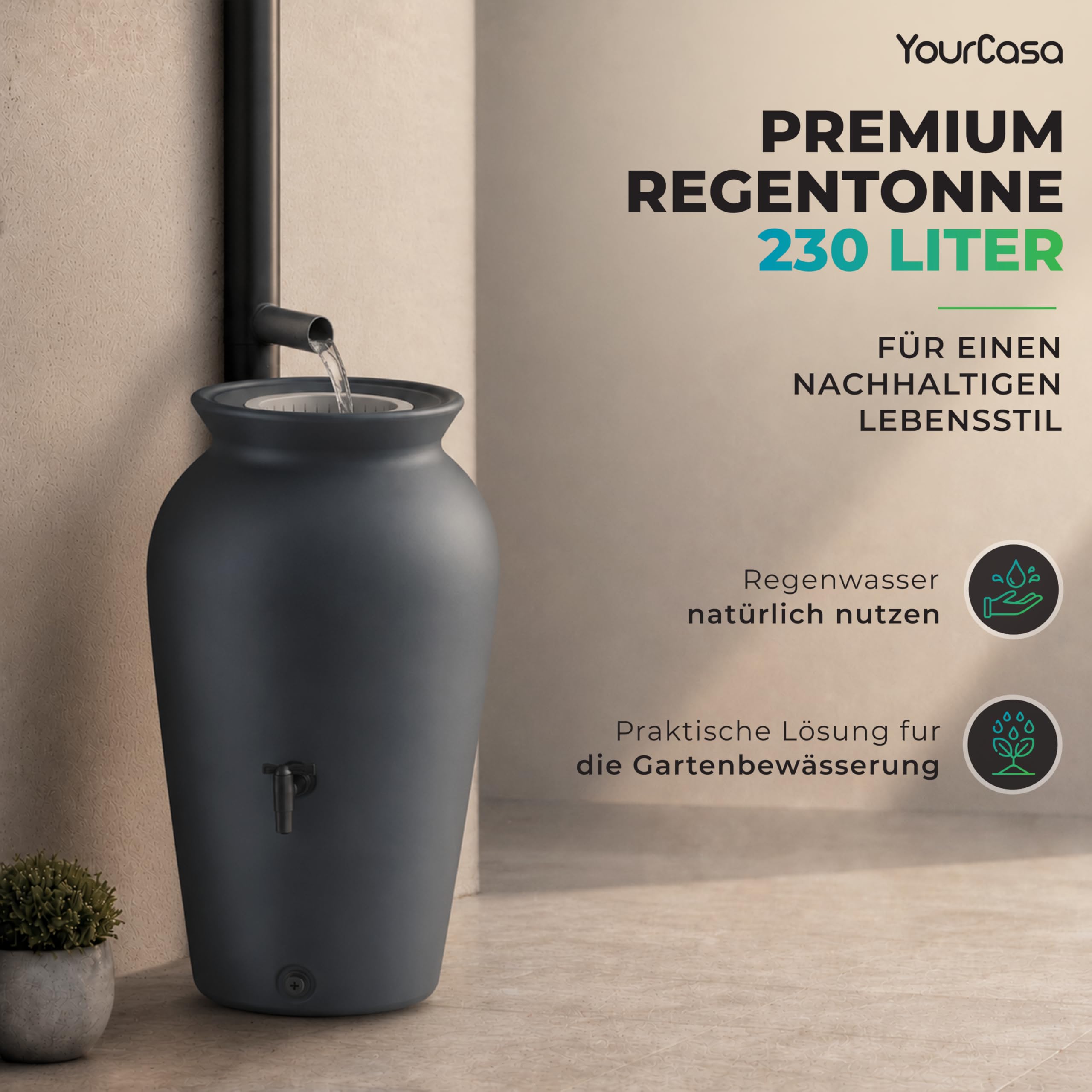 YourCasa Regentonne 120-230 Liter [DropCatcher] mit Filterkorb & Wasserhahn - Regenfass Frostsicher Kunststoff - Regenwassertonne - Regenwassertank Garten Wassertank Regensammler (Anthrazit, 230L)