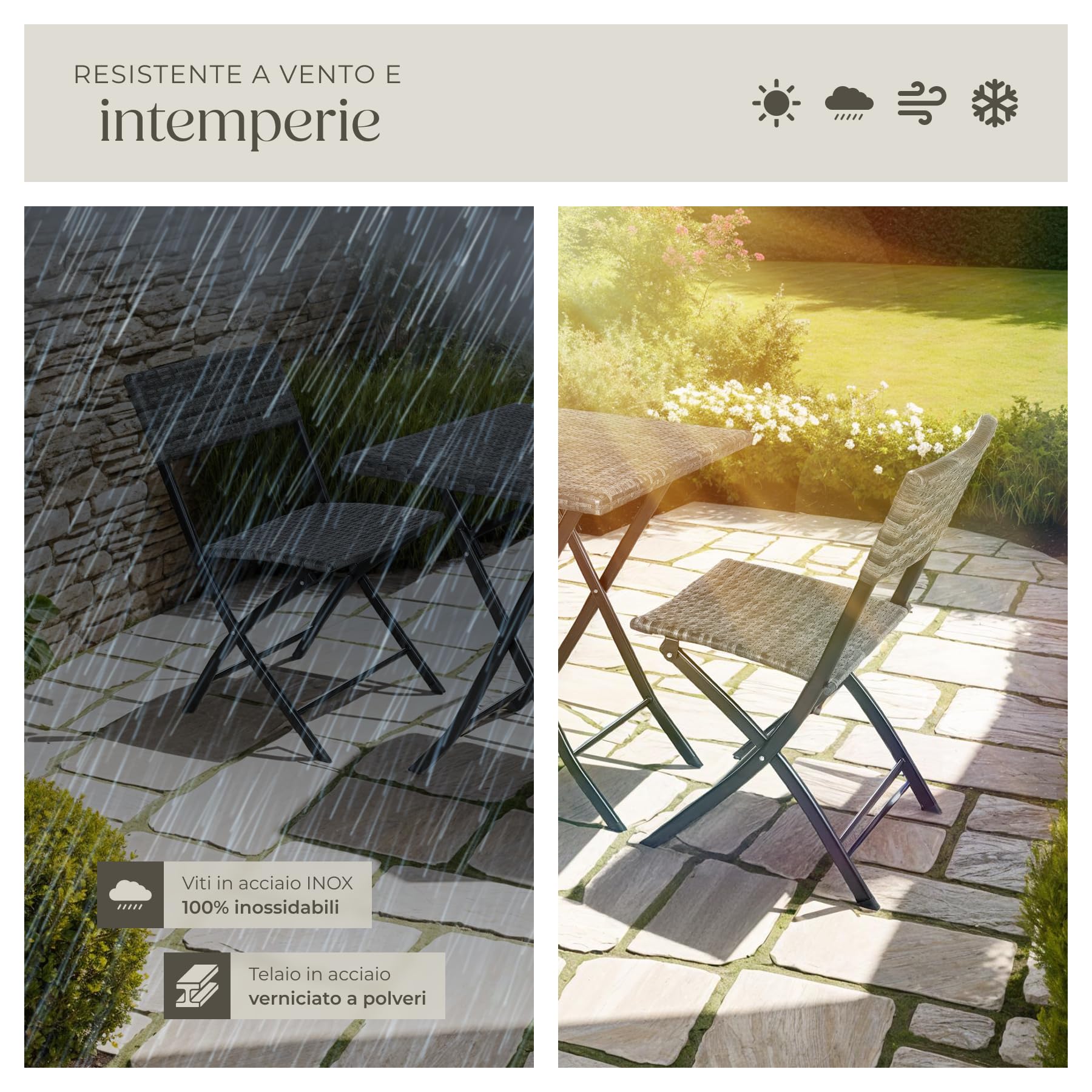 tectake® Set 3 Pezzi Trevi in Rattan, 1 Tavolo con 2 Sedie, Protezione dai Raggi UV, Ripiegabile, Design Moderno, Set Giardino, Terrazzo, Balcone, Campeggio - Grigio