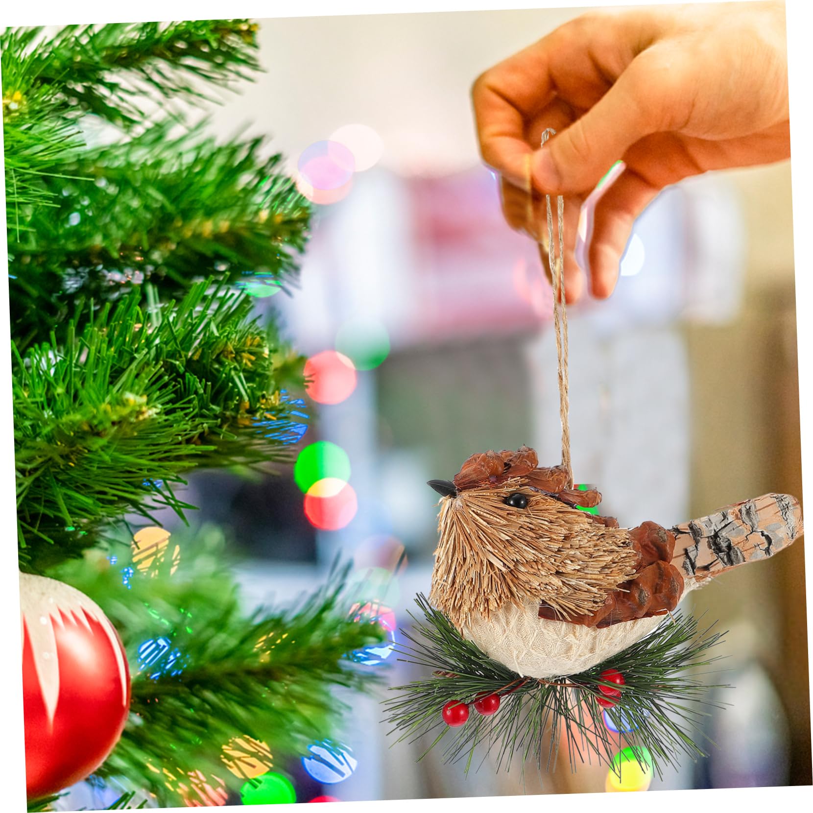 Amosfun 4 Stück Stroh-Vogel-Charme Strickvogel Zum Aufhängen Weihnachtsbaumblasen Szene-hängedekoration Künstliche Vögel Vogelfigur Strohwebender Vogel Kardinales Strohhalm Aus Holz