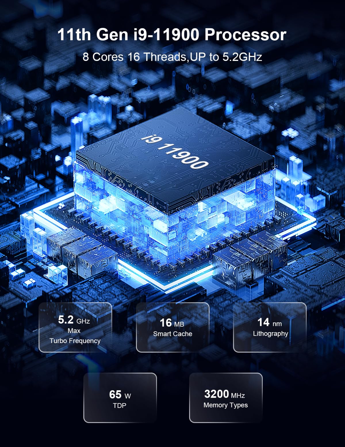 Mini komputer gamingowy, komputer gamingowy, procesor 11. generacji Core i9-11900 Win 11Pro 64 GB DDR4 512 GB M.2 NVMe 1TB HDD mini komputer, wyświetlacz 8K z czterema ekranami, WiFi6 BT5.2, mały