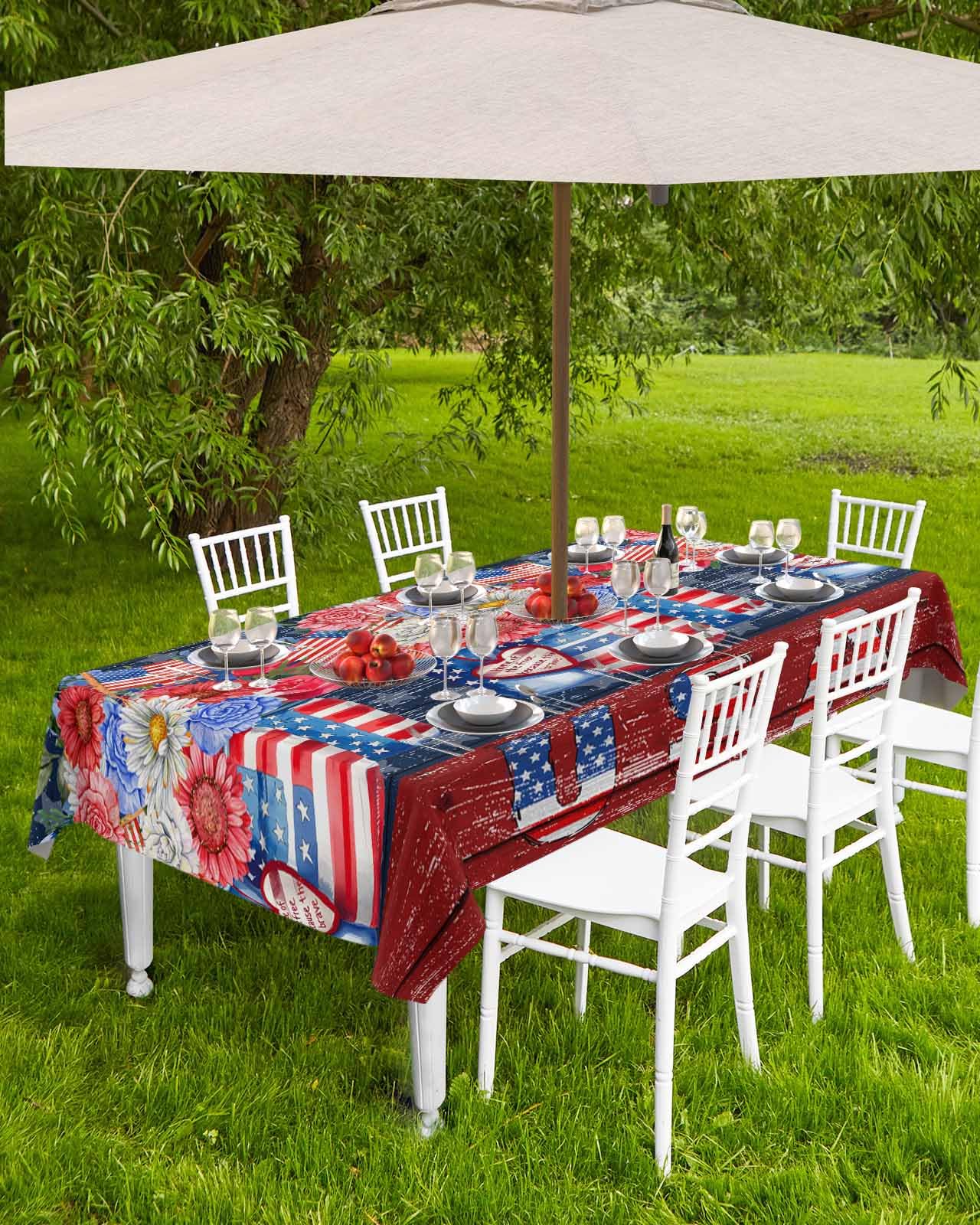 4th of July Outdoor Tablecloth with Umbrella Hole and Zipper Red Blue Flower Tablecloths 60x120 Waterproof Table Cloths Love Star USA Flag Patio Table Cloth Cover for Independence Day Party Picnic
