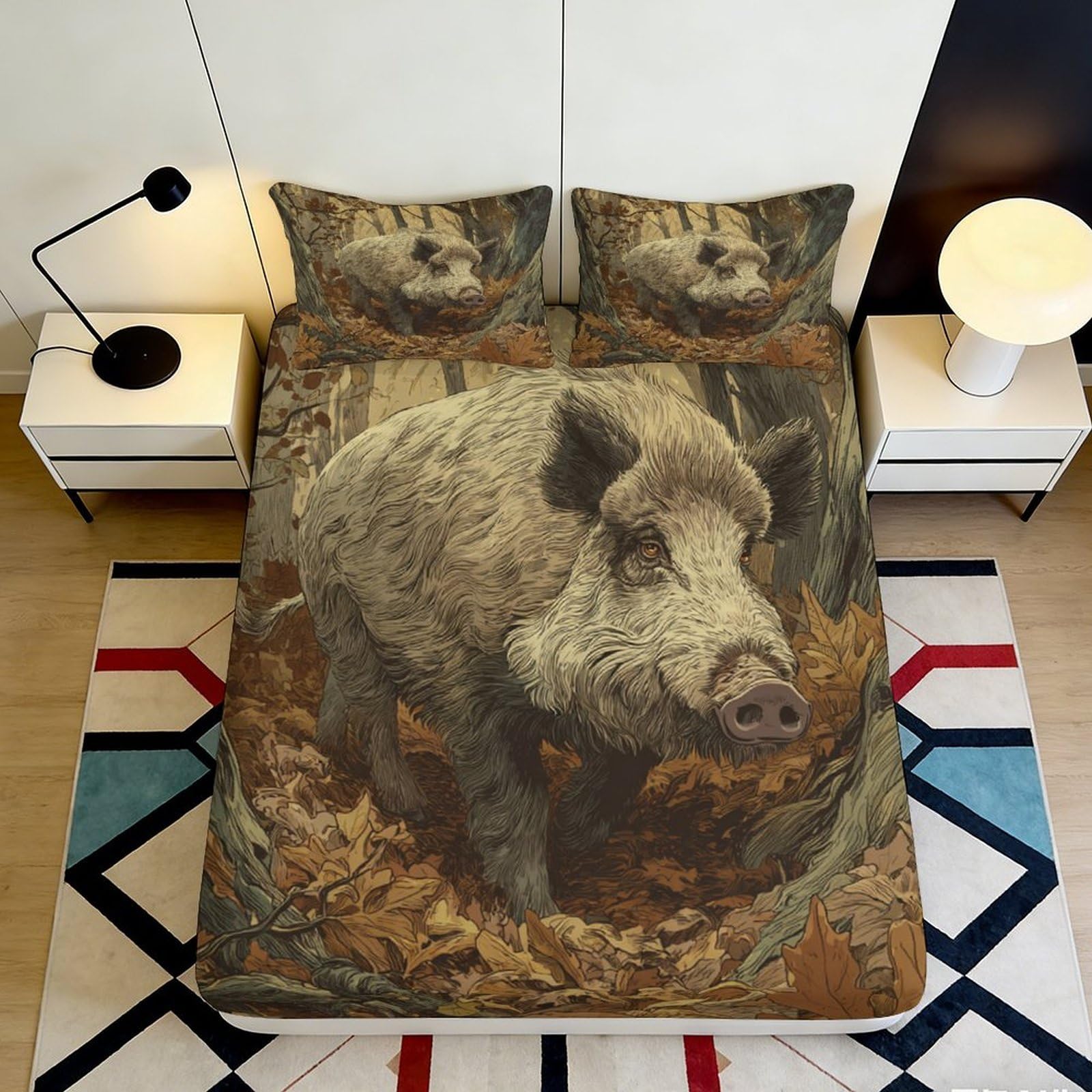 3D Printed Wild Boar Forest Fitted Sheet Microfiber Soft Breathable Autumn Woodland Bed Cover for Bedroom Dorm Decor 90x200x25cm