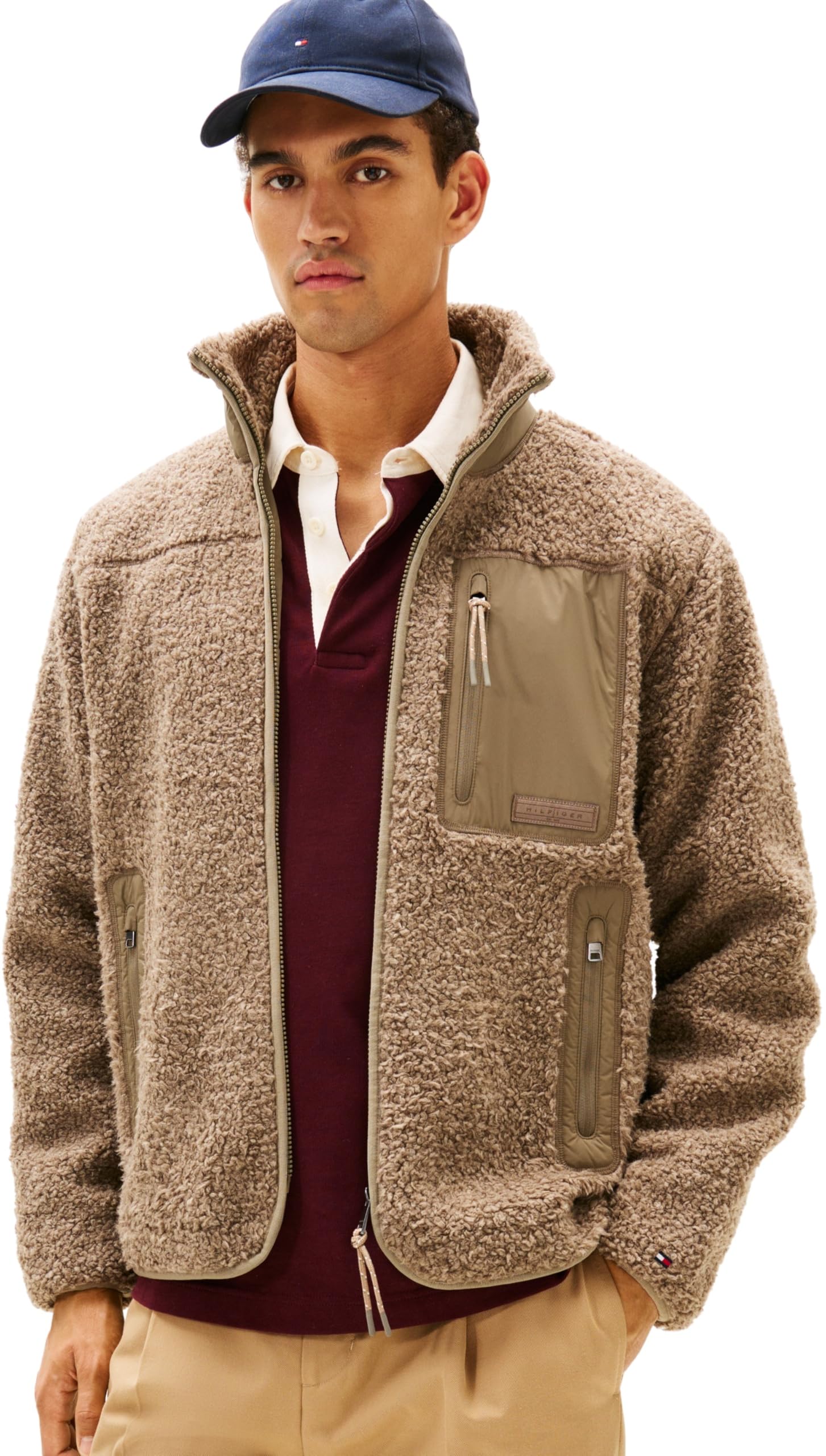Tommy Hilfiger Men’s Teddy Fleece Zip Through Sweatshirt with Stand Collar, Beige (Coastal Taupe), M