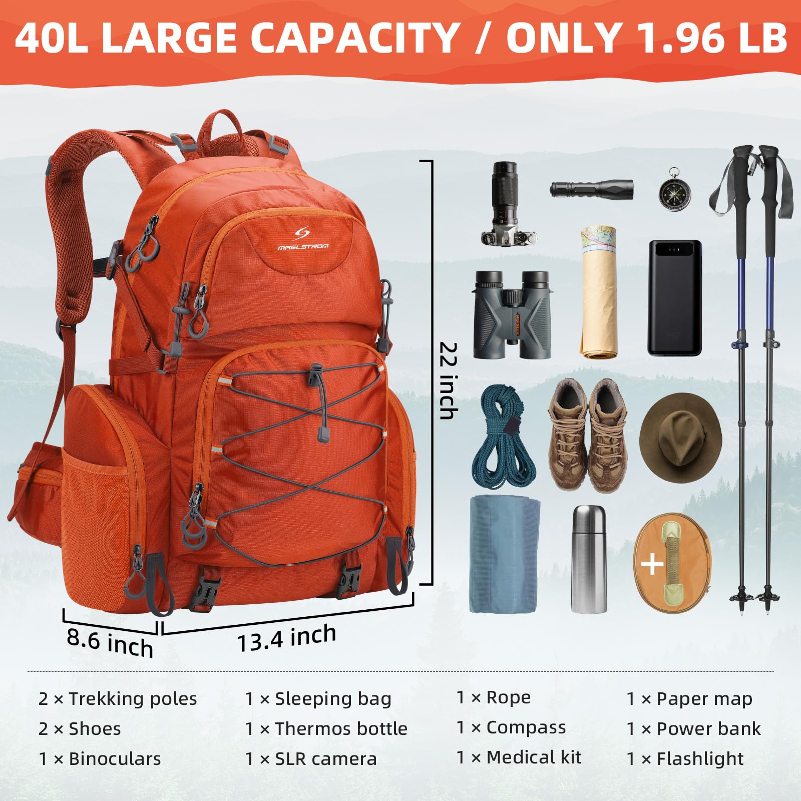 Maelstrom Hiking Rucksack 40L, Wasserdichter Wanderrucksack für Herren & Damen, Leichtgewichtiger Trekkingrucksack mit Regenschutz, Outdoor Rucksack für Camping, Wandern & Reisen - Orange | Regenschutz, hydratisierfähig, Stativgurte, Lastkompression, Über