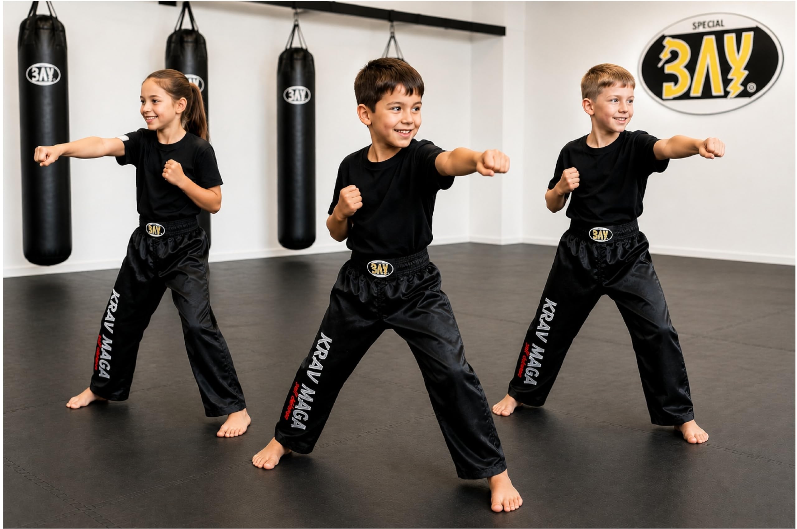 BAY Krav MAGA Satin Kampfsporthose Trainingshose Polyester Schwarz lang mit gesticktem Schriftzug am rechten Hosenbein Erwachsene Damen Herren Kinder Mädchen Jungen Größen 4XS - XXL
