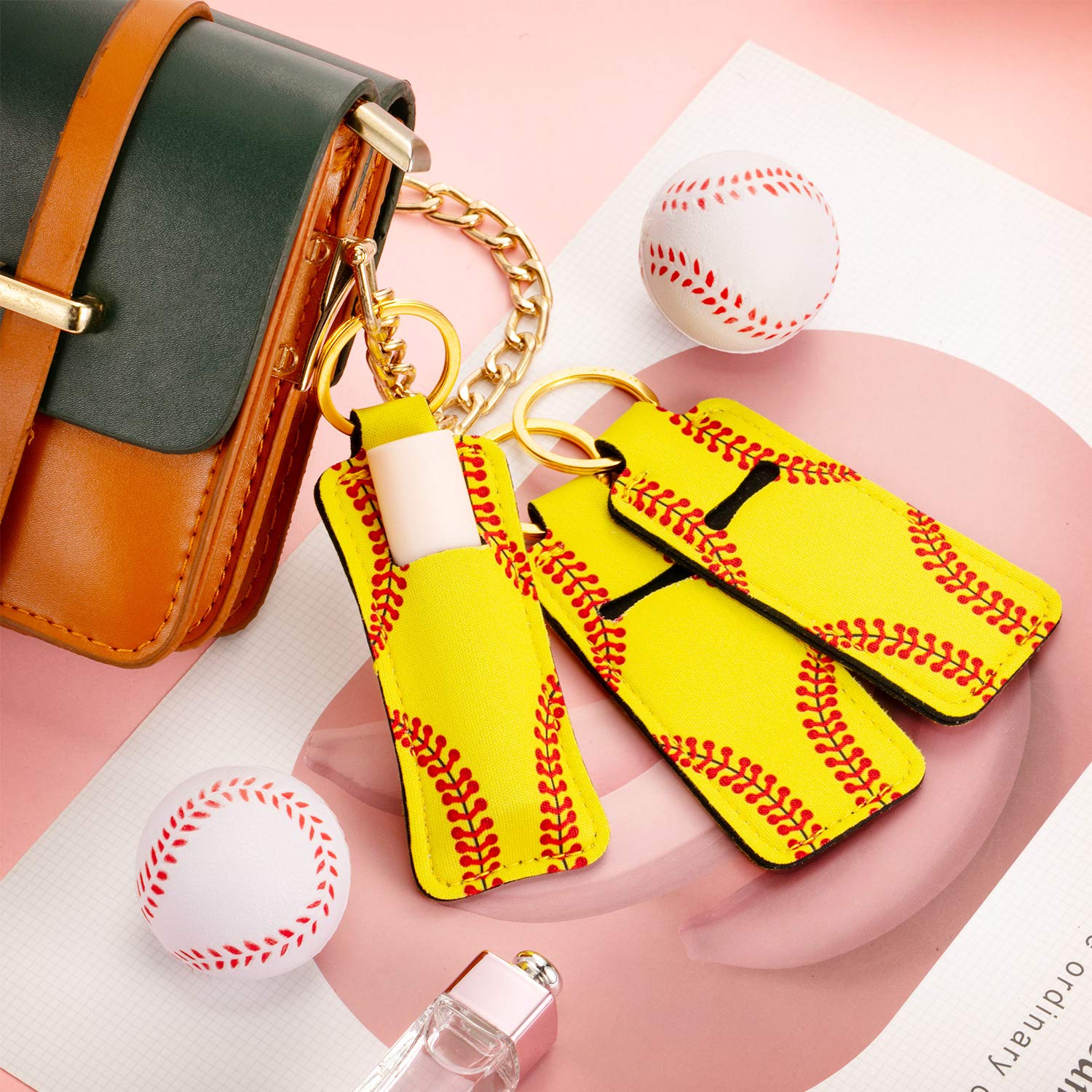 Patelai 20 Pcs Softball Lipstick Holder Keychain Lip Balm Lip Gloss Holder Clip-on Sleeve Pouch Gift for Team Women Travel(Yellow)