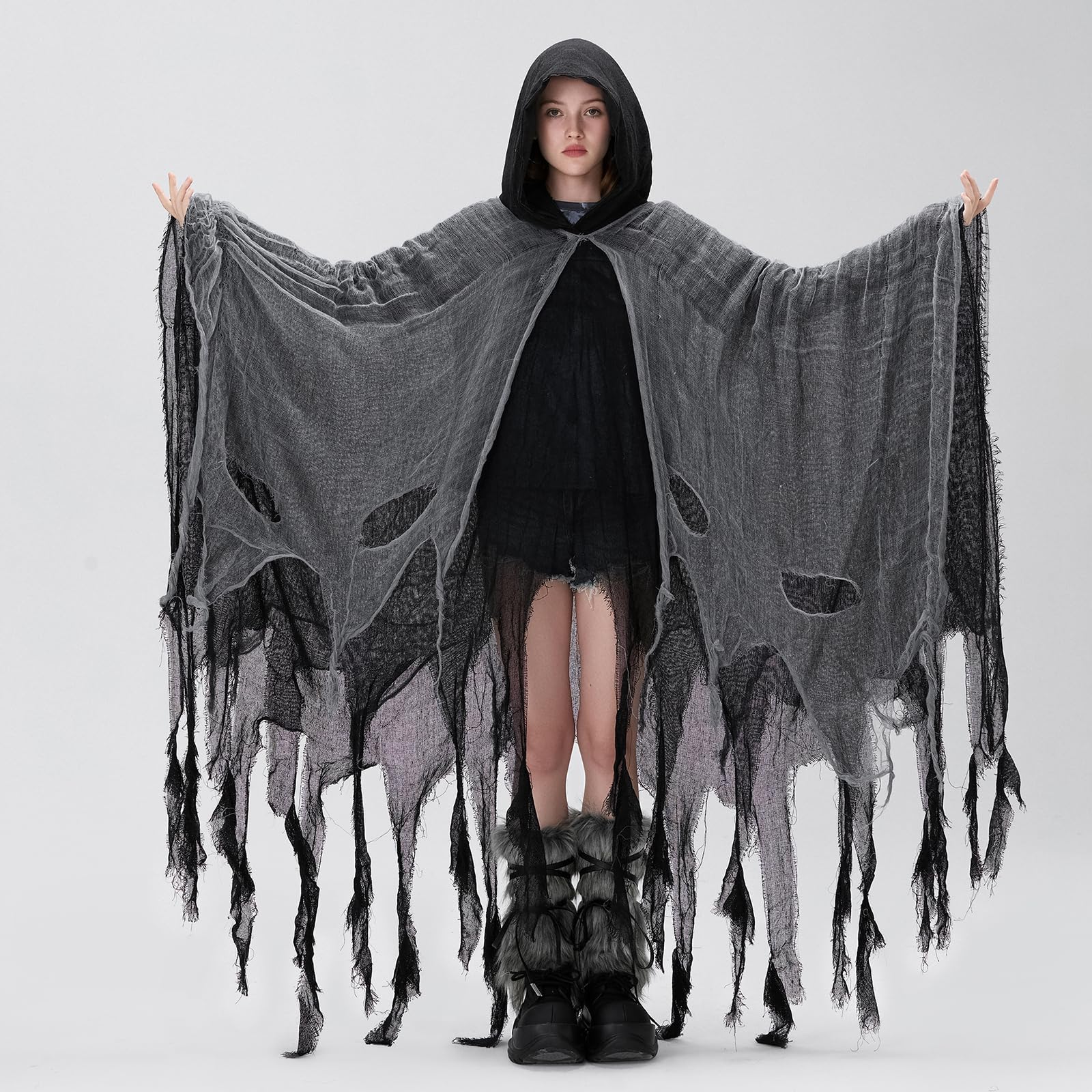 SANSIWU Women's Halloween Ripped Witch Cloak Adults Terrifying Reaper Ghost Cape Medieval Renaissance Scream Grim Cosplay Outfits (A-Black - Image 3