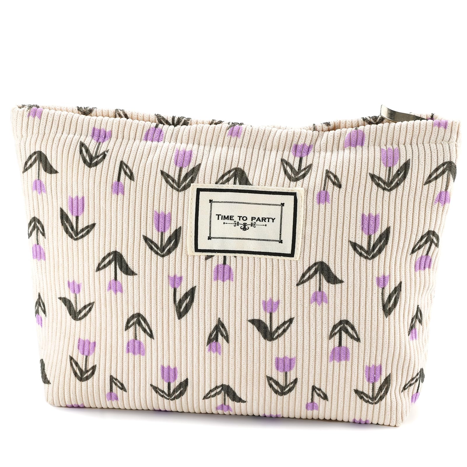 URSKYTOUS Flower Makeup Bag Travel Large Cosmetic Bag for Women Cute Makeup Pouch Zipper Cosmetic Pouch for Purse Corduroy Aesthetic Purple Floral