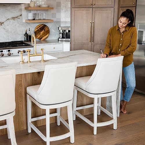 Miniatura 7 de Maven Lane Taburete de mostrador Vienna de 26 pulgadas de alto, taburete giratorio con reposapiés, madera maciza crema y tapicería de tela natural,