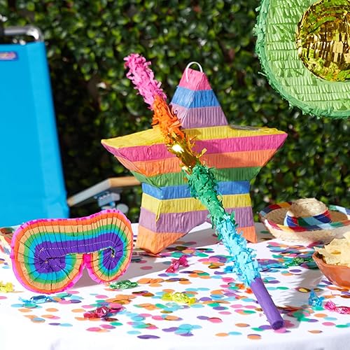 Miniatura 2 de BLUE PANDA Palillo de piñata arcoíris de 30 pulgadas con venda de ojos arcoíris y confeti colorido, murciélago de piñata para suministros de fiesta