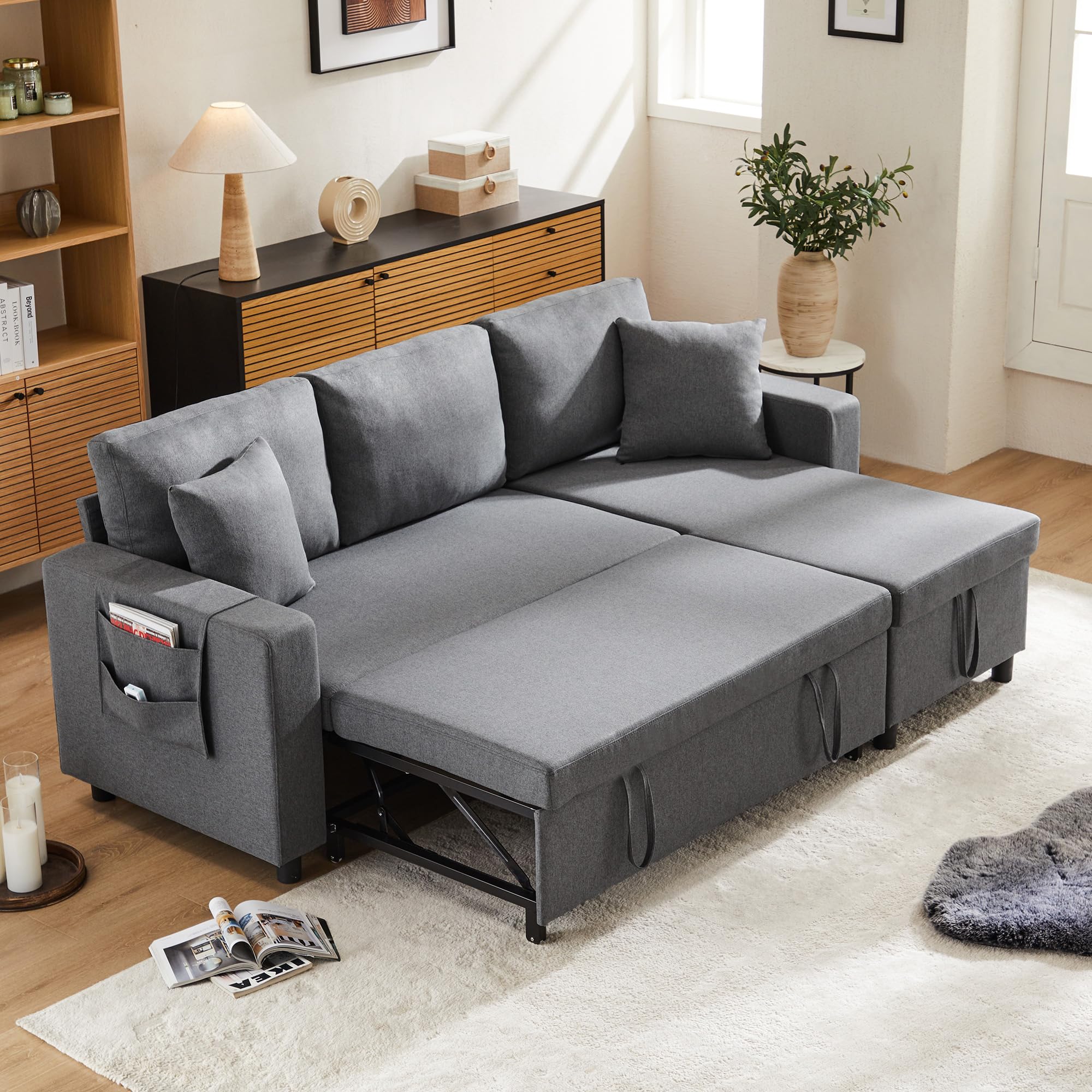 Lubvtti Sofá cama de 3 plazas, sofá de esquina en L con espacio de almacenamiento, sofá de 3 plazas con bolsillo para vasos y cojín, Lino, gris oscuro