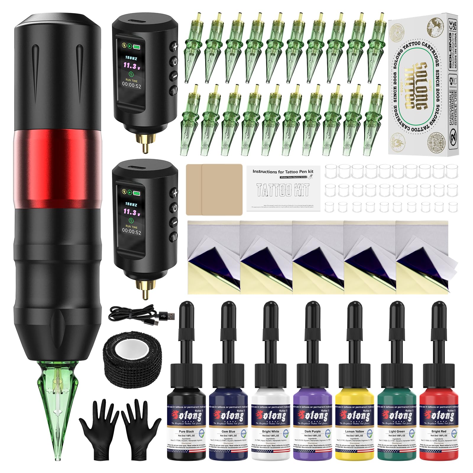Kit de Máquina de Tatuar Solong 20 agujas para tatuajes, 7 botellas de tinta, 2 baterías de 1800 mAh, kit completo de tatuaje para principiantes y profesionales EF-TKP752AEU-2