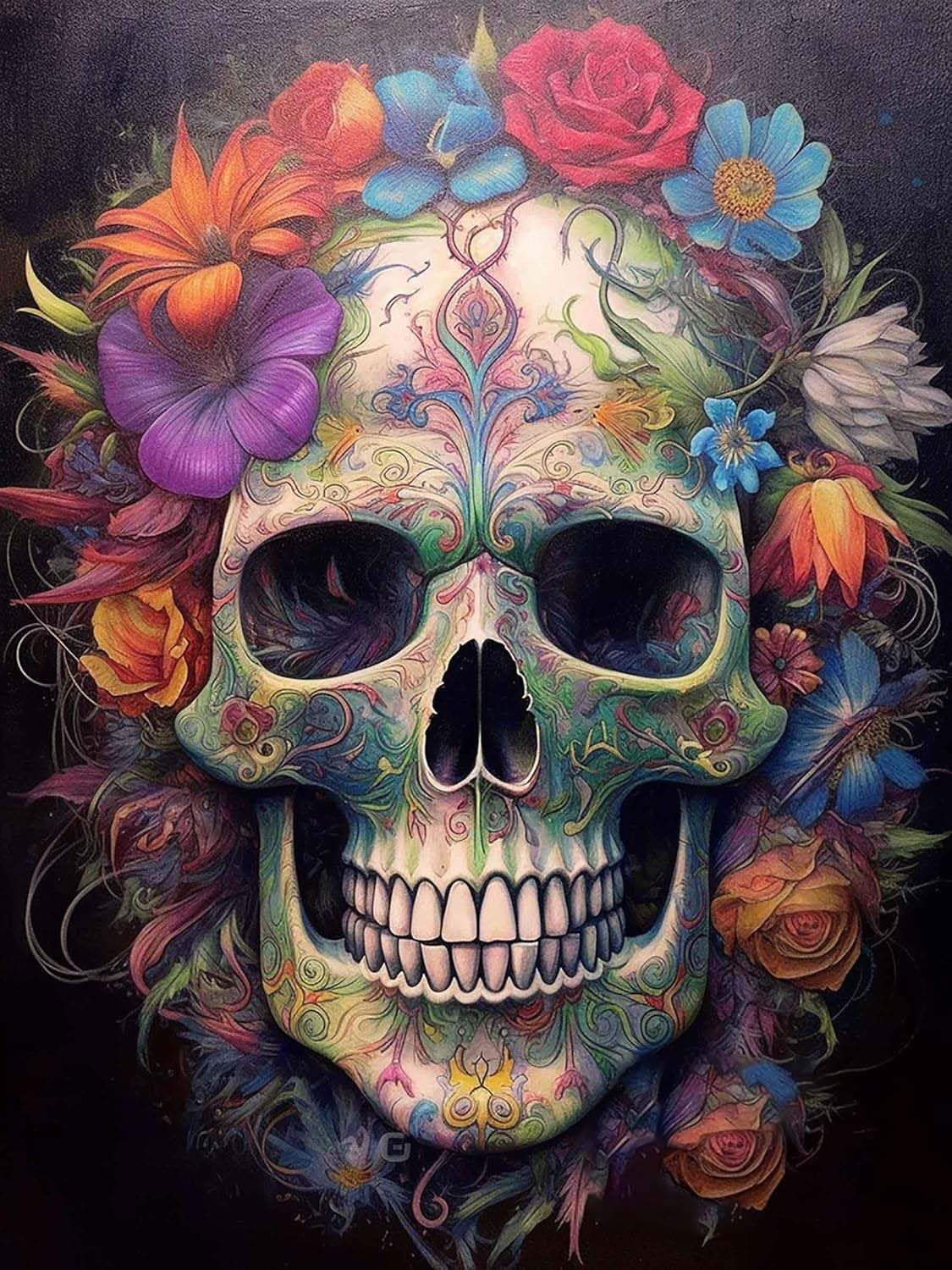 Pavemlo 5D Diamond Art Painting Kits for Adults Skull and Flower, Full Drill Diamond Art Pictures Paint with Diamonds, DIY Cross Stitch Jewel Art