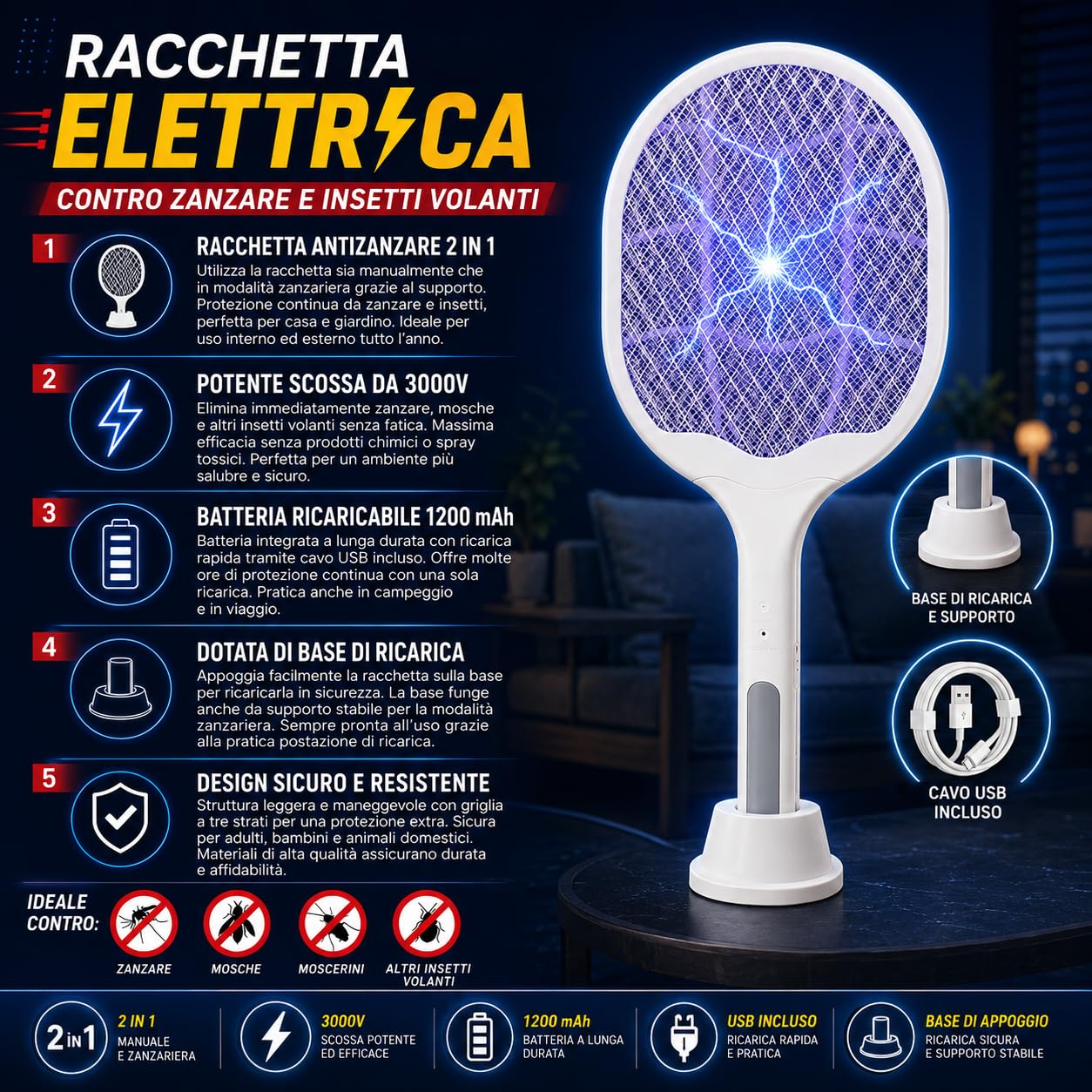 IPEA Racchetta Zanzare Elettrica Ricaricabile USB-C 2 in 1 3000V 1200 mAh