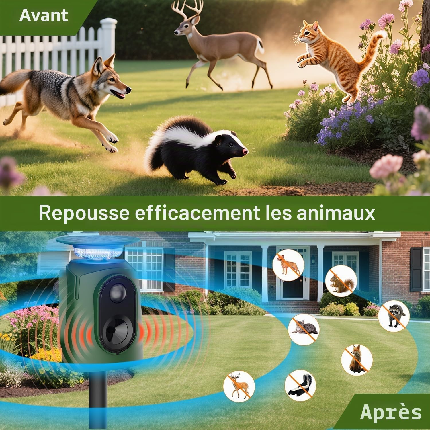Repulsif Chat Exterieur Solaire, VoltGuard 360° Répulsif Chat Ultrason avec Détecteur et Flash, 5 Modes de Réglage pour Chats Chiens Souris Animaux de Jardin