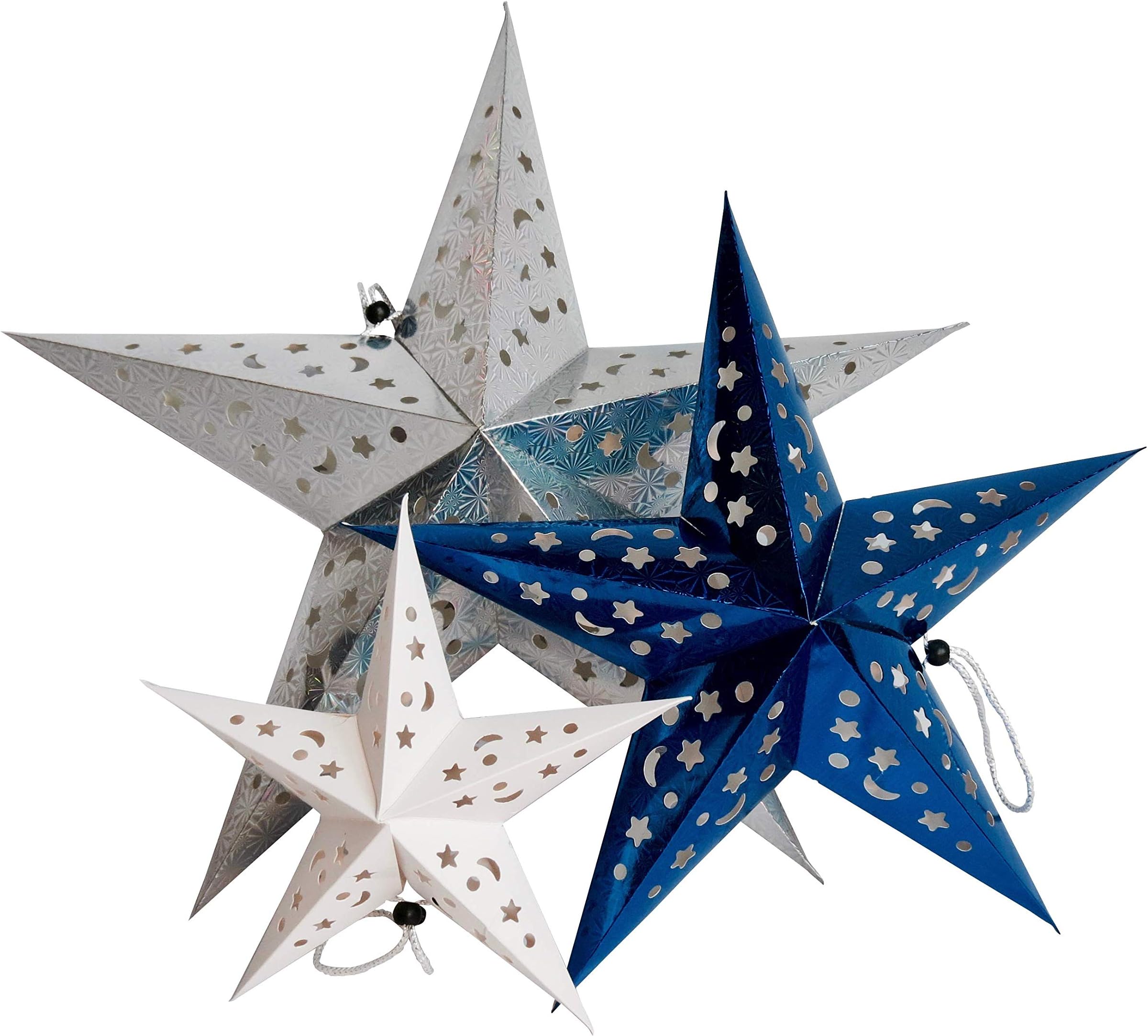 Time Away Paper Star Lantern Decorations - 1 Large Metallic Silver Star, 1 Medium Metallic Star and 1 Small White Star with LED Lights