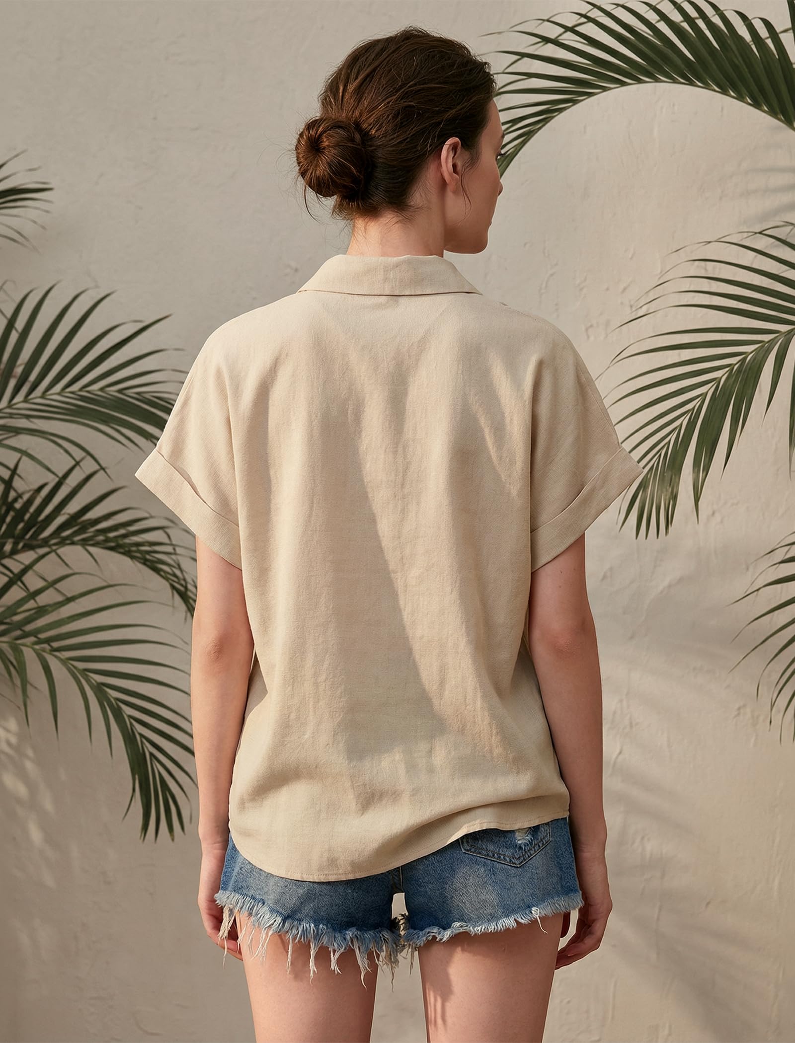Enmain Camisa Lino Mujer Manga Corta Verano Camisas Blusa de Lino y Algodón de Botones Cuello en V Color Liso Casual Shirt Mujer Elegante Cómoda para Playa Trabajo