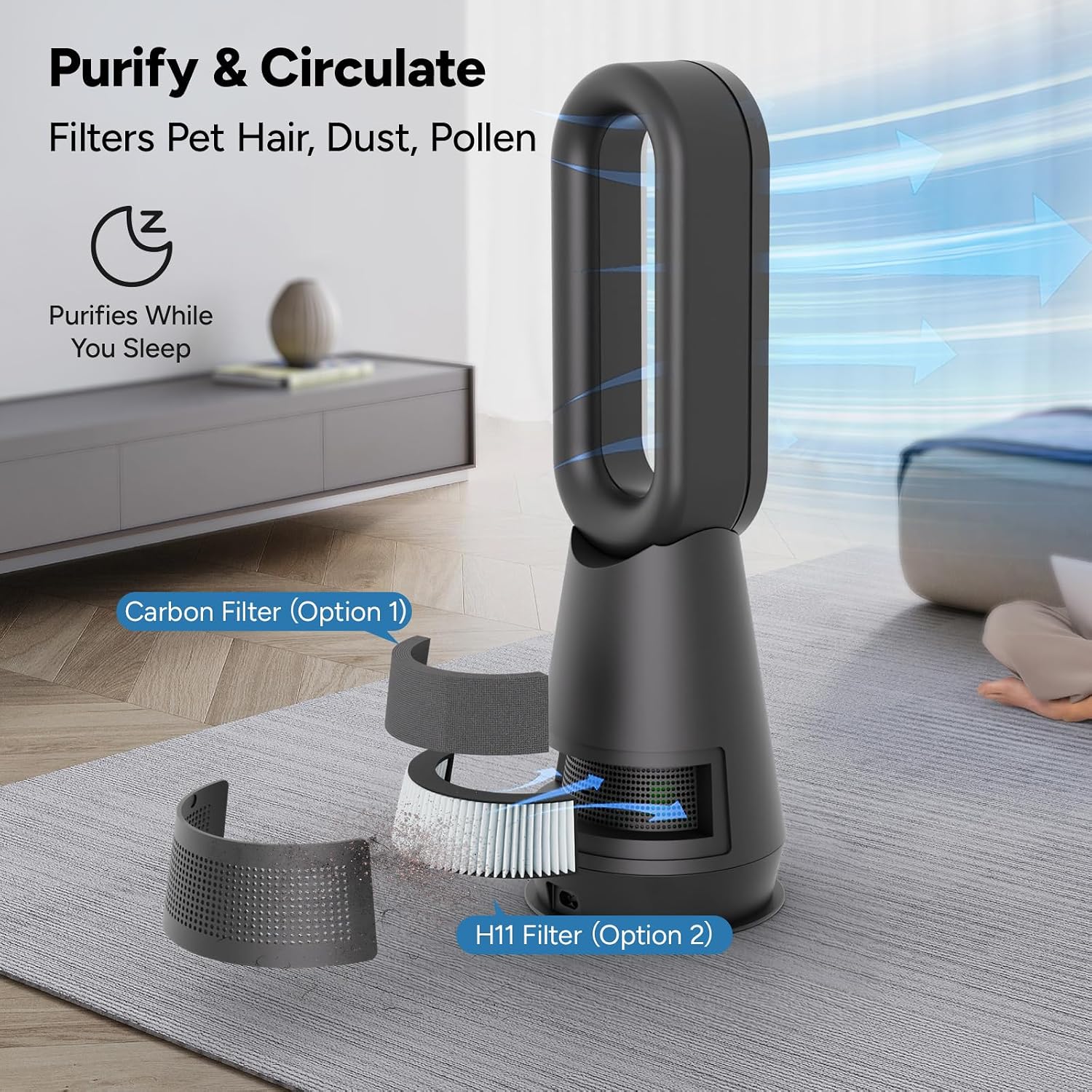 2-in-1 Bladeless Tower Fan with Air Purifier, 22" Cooling Fan, 90° Oscillating 8-Speed Floor Fan, Quiet Portable Air Circulator with Remote & 9-Hour Timer for Indoor Bedroom Office, Black image 2