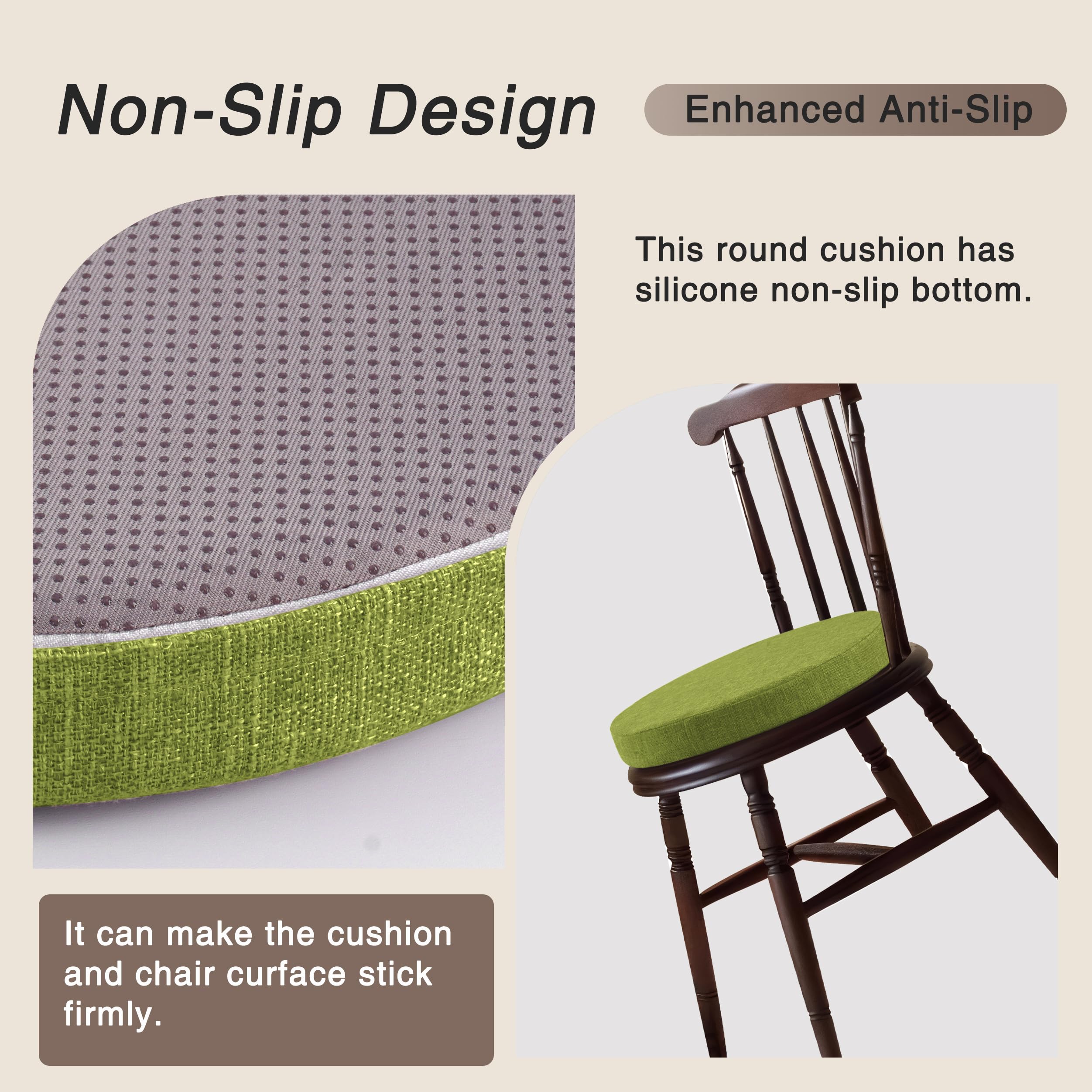 OVOV Round Chair Cushions for Dining Chairs 2 Pack Extra Thick Seat Cushion Circle Chair Pads with Removable Cover and Non Slip Bottom Green (16x16 Inch) - Image 3