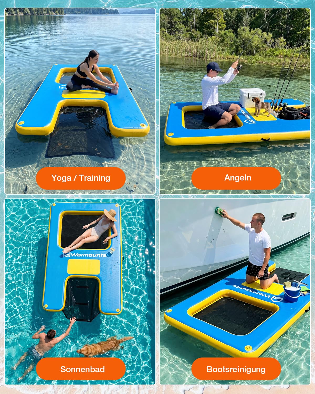 WARMOUNTS Aufblasbare Schwimminsel mit Hunderampe & Wasserhängematte, rutschfeste Schwimmplattform für See Pool Meer, Badeinsel für Erwachsene & Hunde (300x180cm, 340kg) inkl. Pumpe & Tasche