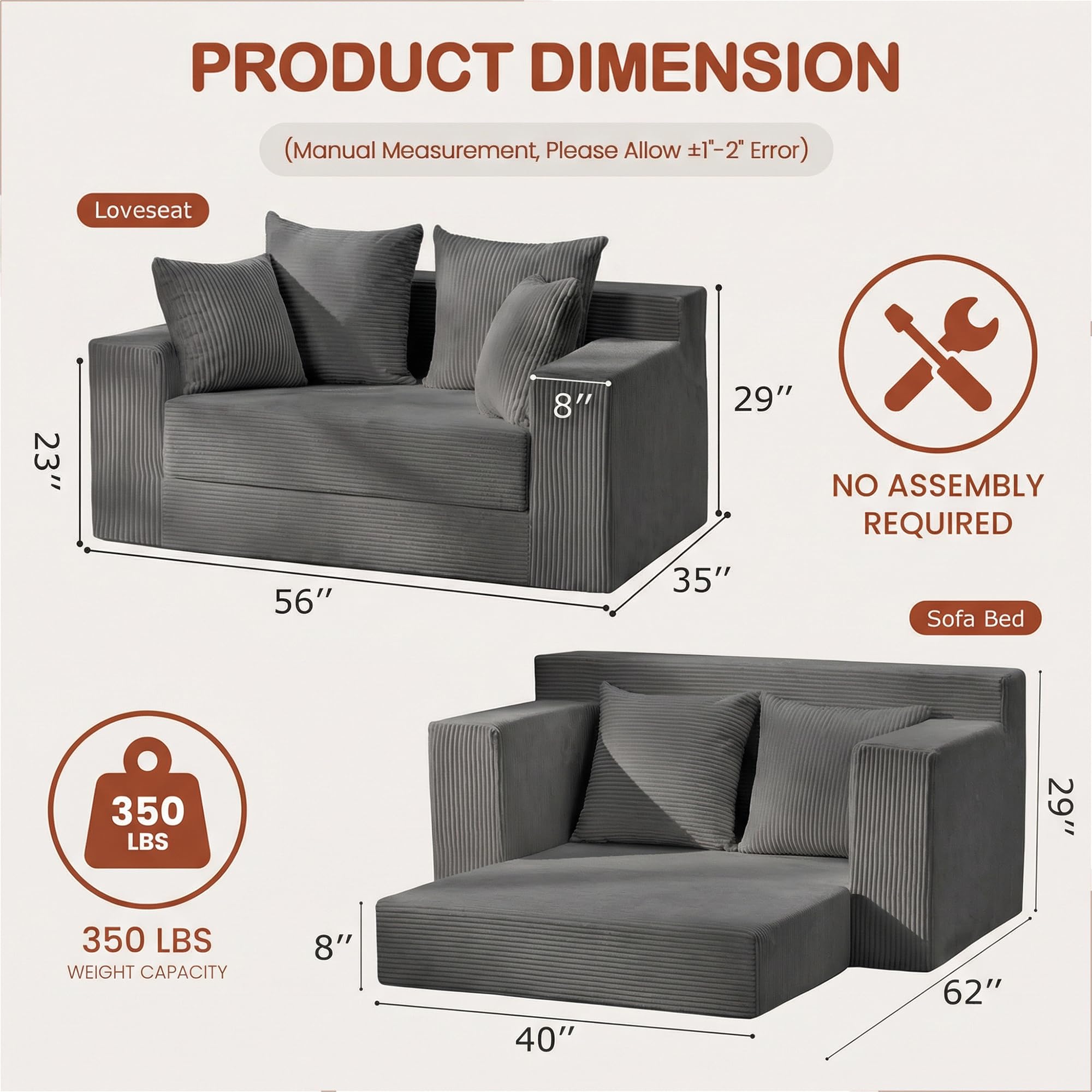 56" Boneless Couch, 5-in-1 Boneless Loveseat Sleeper Sofa Bed, Mini Convertible Pull Out Corduroy Futon Couch with Side Pockets & Handle, Folding Floor Sofa Bed with 4 Pillows for Small Space