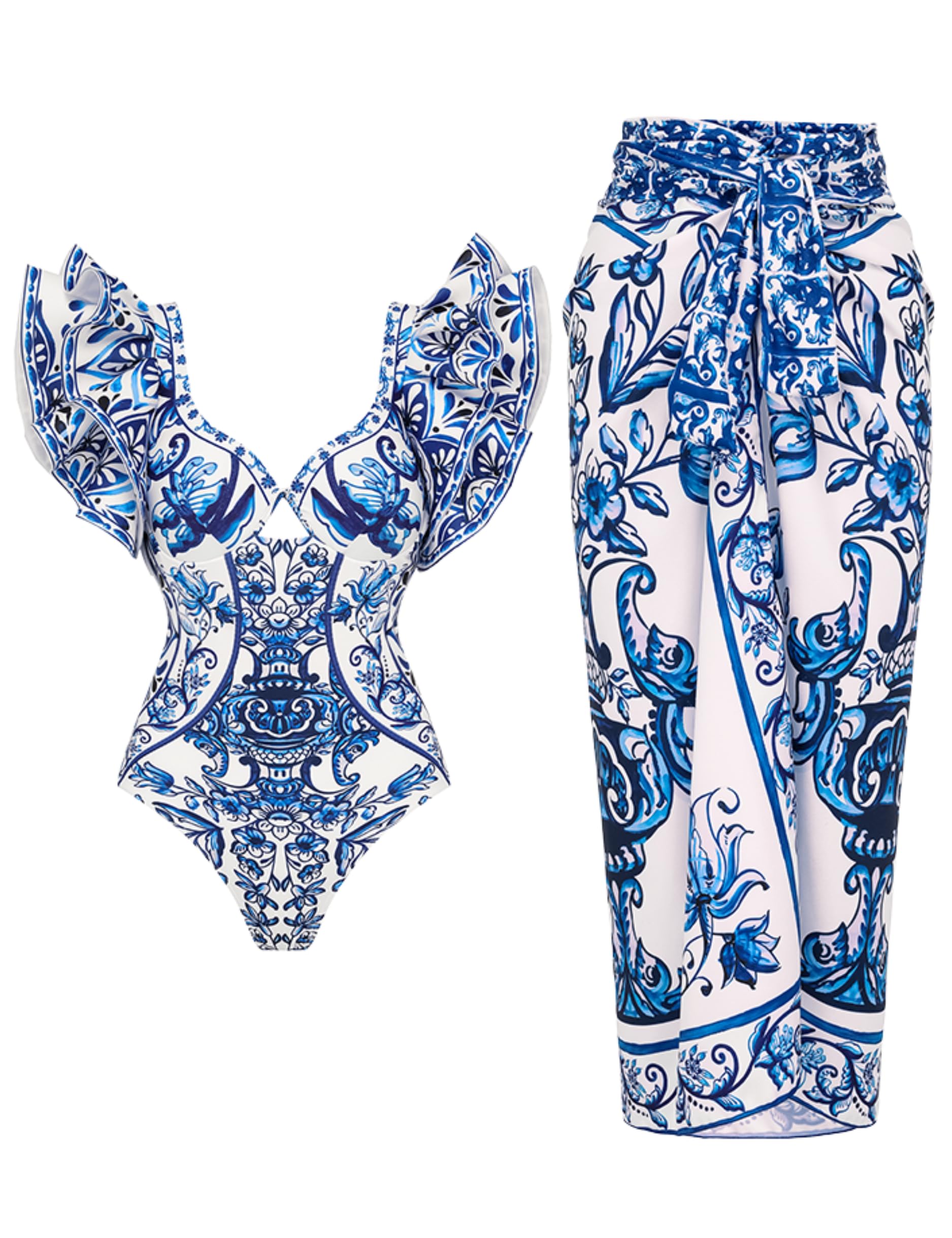 Photo 1 of ***NO SWIMSUIT***FLAXMAKER Ruffle Blue and White Porcelain Pattern Majolica Print One Piece Sarong (US, Alpha, Medium, Regular, Regular, Sarong)