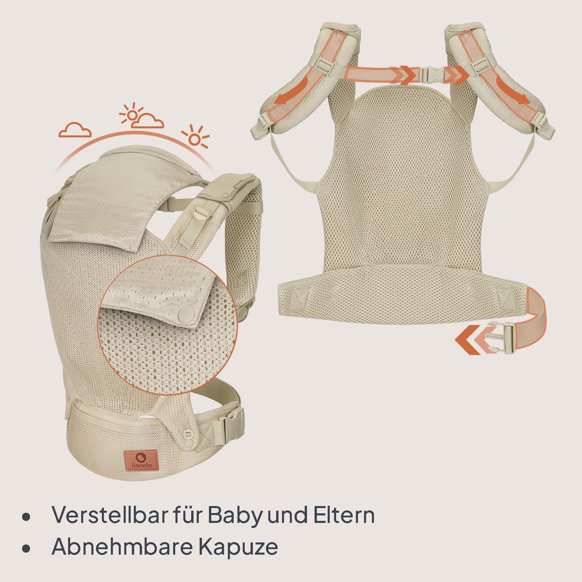 Lionelo Margareet Air Ergonomische Babytrage für Babys von 4 Monaten bis 20 kg, 3 Tragepositionen, atmungsaktives Material, abnehmbare Kapuze, doppelte Sicherheit