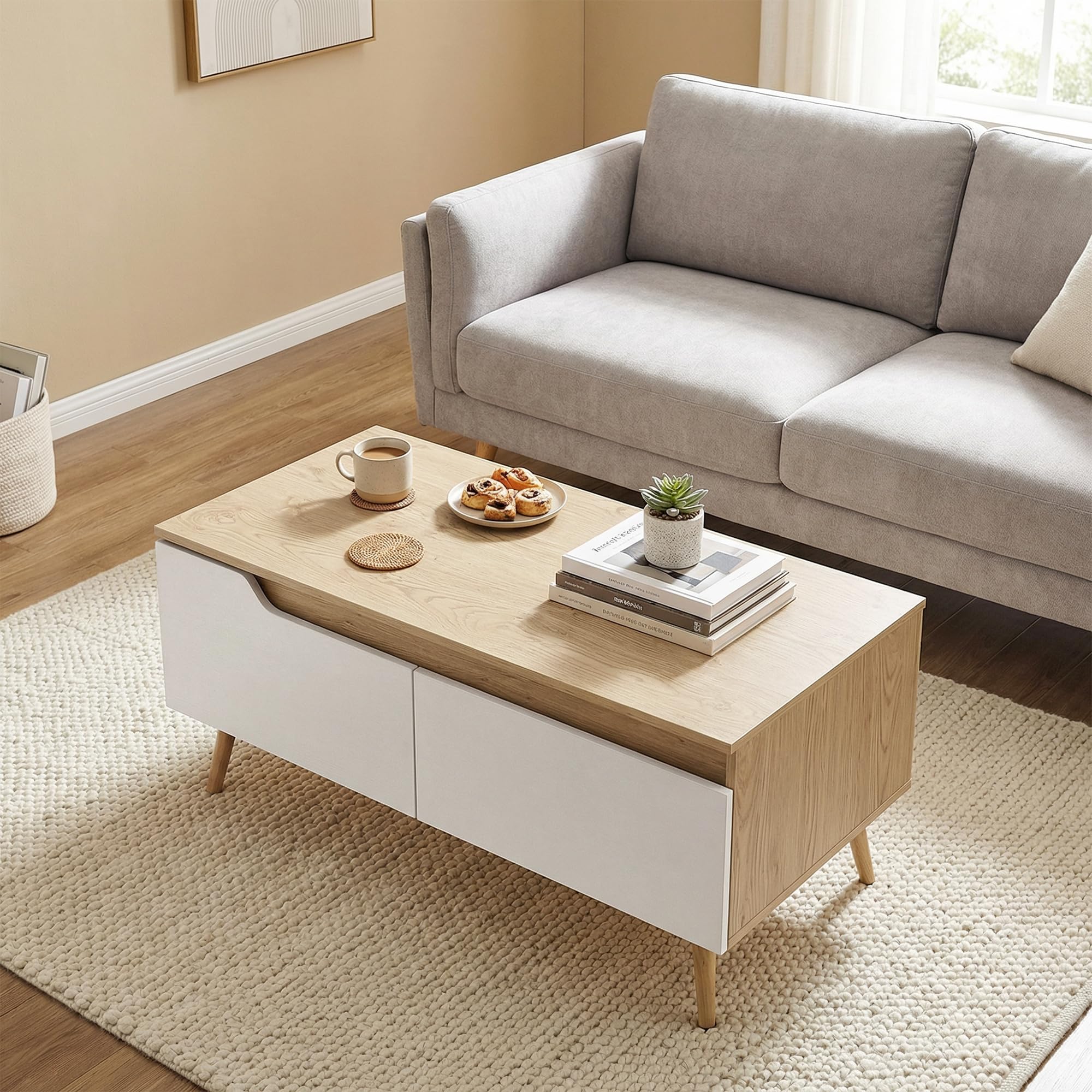 HOMCOM Mesa de Centro, Mesita Moderna con 2 Cajones 100x50x46cm Roble | Mesa Baja, Patas de Madera de Pino, para Sala de Estar, Dormitorio