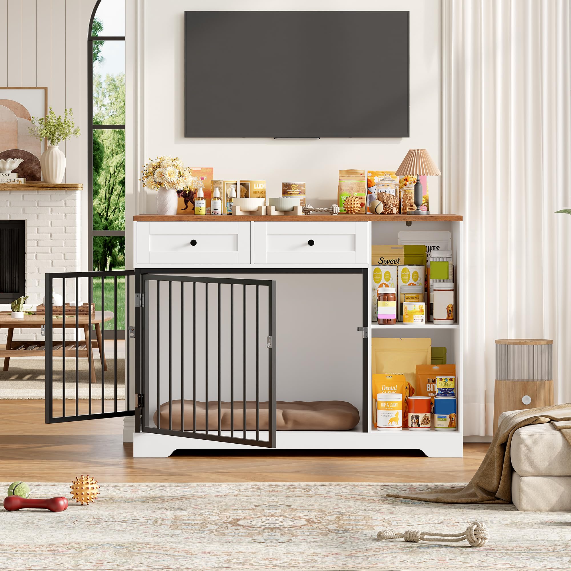 FirFurd 120cm Gabbia per Cani con 2 Porte, Kennel Cane Medio con 2 Cassetti e 2 Scomparti Aperti, Cuccia in Stile Mobili con Stoccaggio in Metallo e Legno, 120x60x87 cm (Bianco+Marrone)