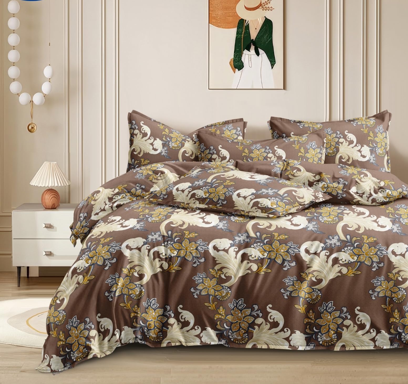 THE HOME STYLE Supersoft Glace Cotton Elastic Fitted All Around King Size Printed Double Bedsheet with 2 Pillow Cover & King Size Comforter/Duvet/Blanket (72"x78" + Comforter, Caramel Vanilla)