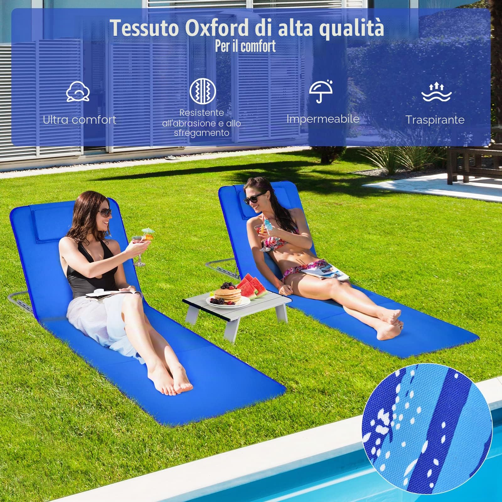 GIANTEX Set di 2 Materassi da Spiaggia Pieghevoli e Tavolino, Sedie a Sdraio da Spiaggia Regolabili in 5 Posizioni con Poggiatesta Rimovibile, Tasca per Giardino, Campeggio (Blu)