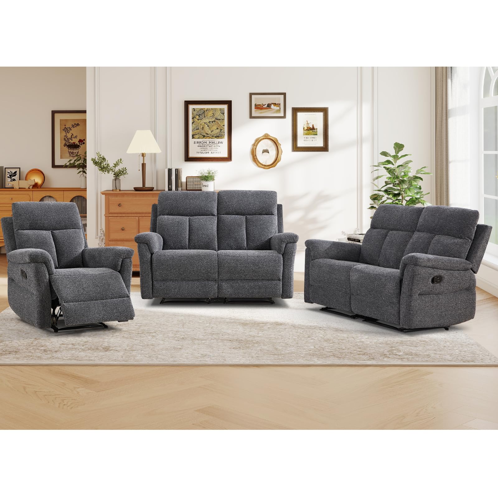 ANJ 3-Piece Manual Recliner Sofa Set, Recliner Chair and Two Loveseats with Overstuffed Backrest and Supportive Backrest, Fabric Reclining Couch Set for Living Room, Dark Grey